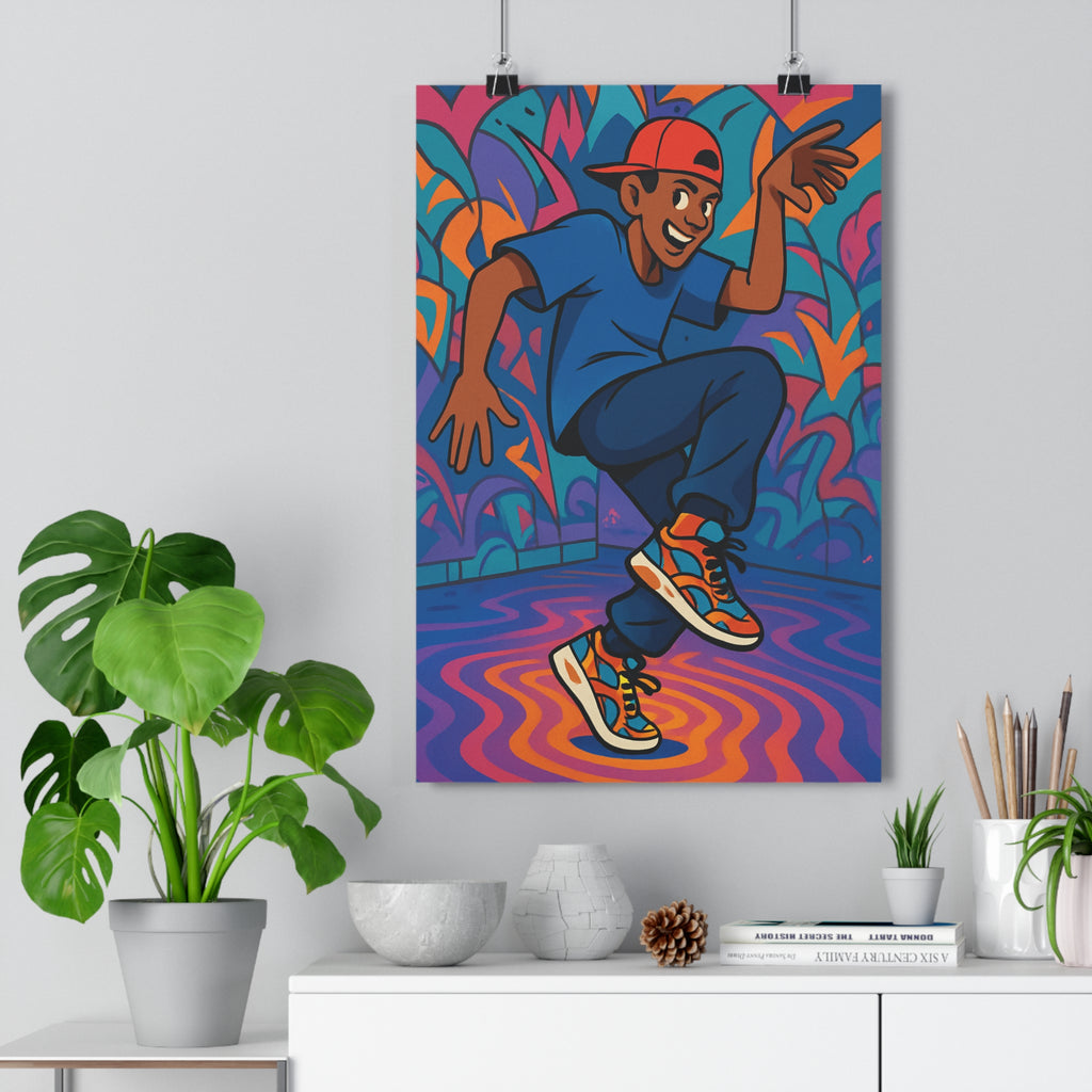 Poster décoratif garçon danse cartoon urbain bleu orange rose vibrant moderne chambre enfant dynamique