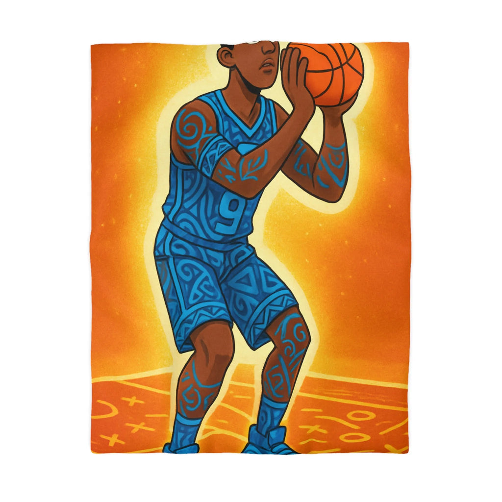 Housse De Couette Avec Joueur De Basketball Graphique En Bleu Sur Fond Orange