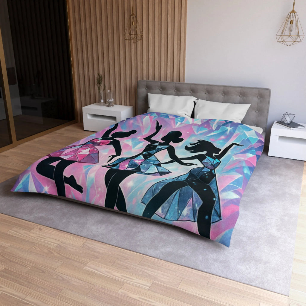 Élégantes silhouettes de danseuses avec motifs géométriques sur fond cristallin scintillant