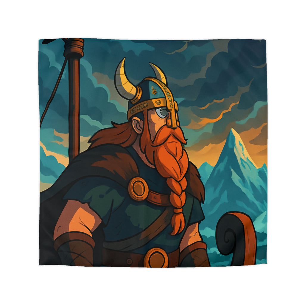 Housse de couette viking avec montagnes enneigées et nuages dramatiques, ambiance épique garantie