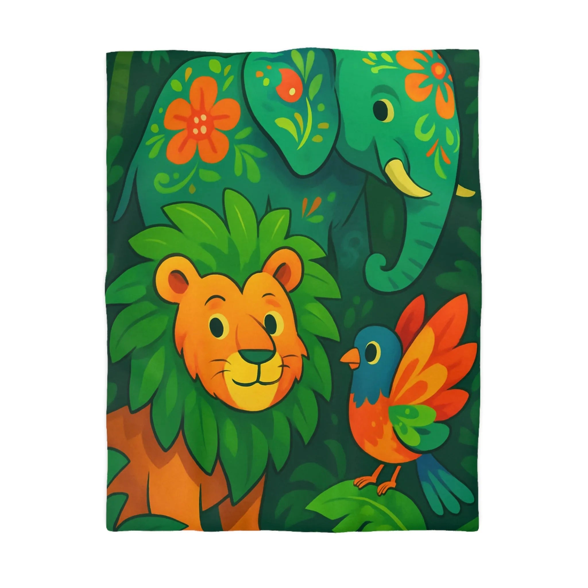 Housse de couette jungle colorée avec éléphant lion et oiseau tropical pour enfants