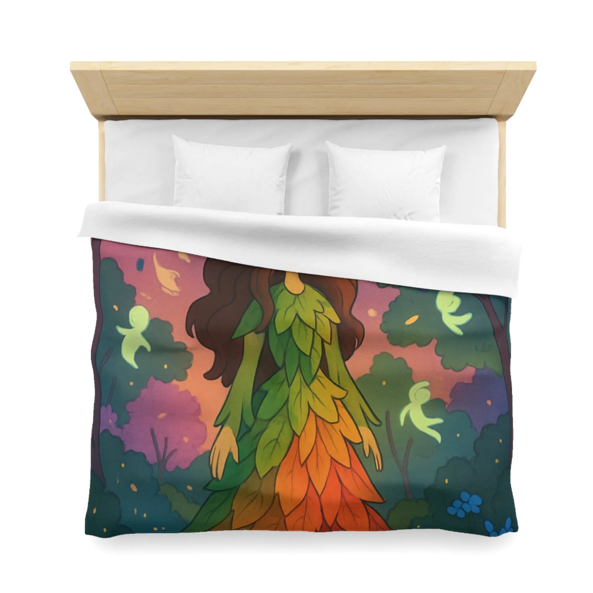 Housse de couette féerique forêt avec créatures lumineuses, design feuilles arc-en-ciel enchanteur