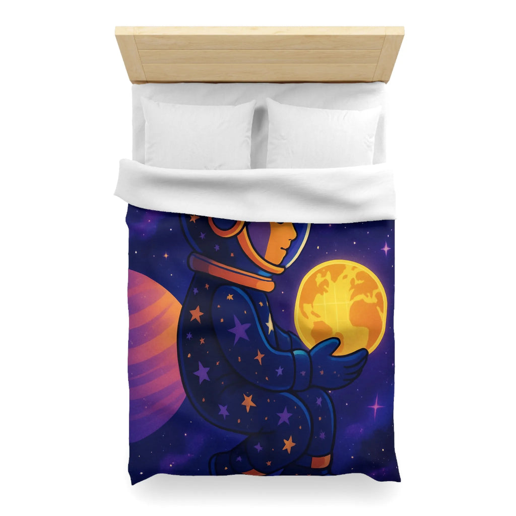 Housse de couette cosmos enfantine avec astronaute rêveur tenant une planète lumineuse