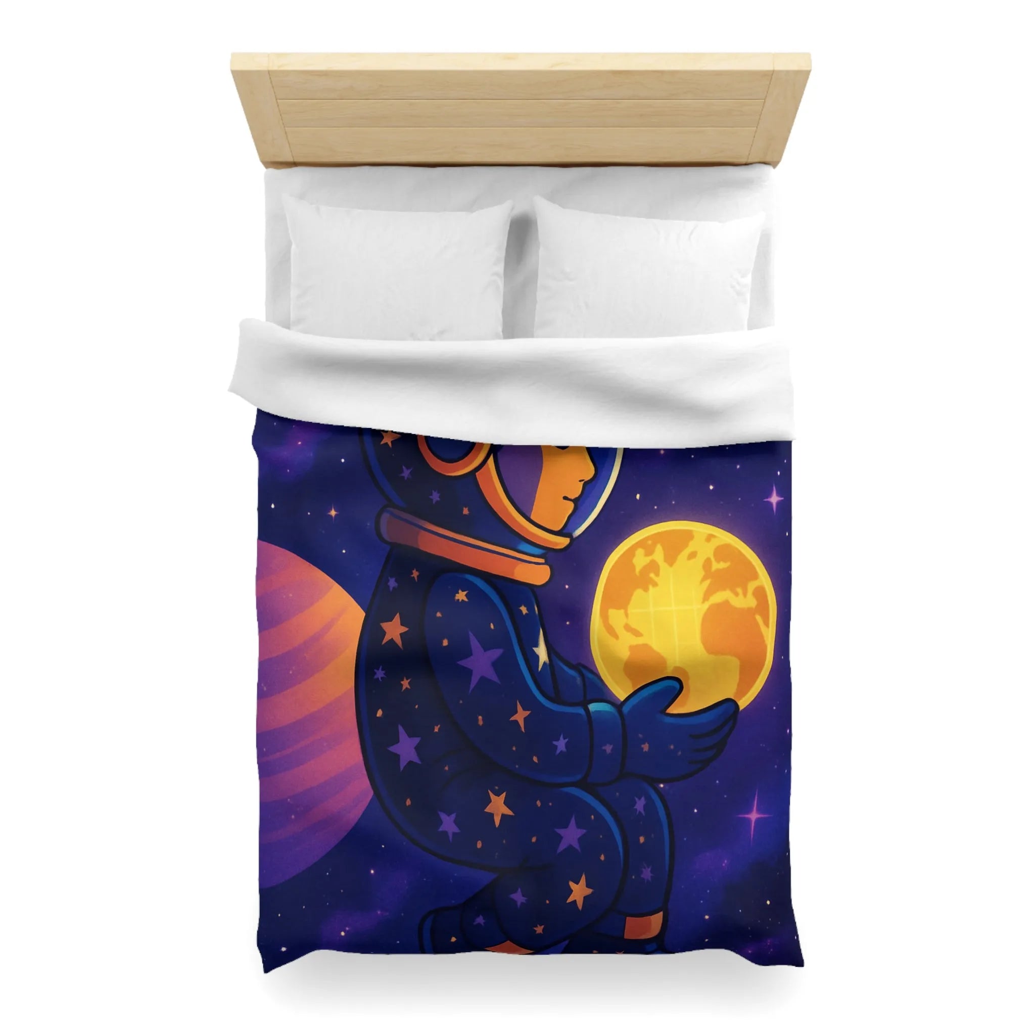 Housse de couette cosmos enfantine avec astronaute rêveur tenant une planète lumineuse