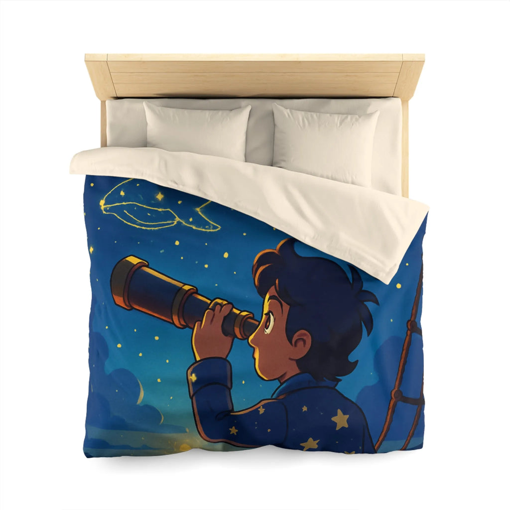 Housse de Couette Étoilée Enfant Rêveur Observant Constellations Célestes Bleu Nuit