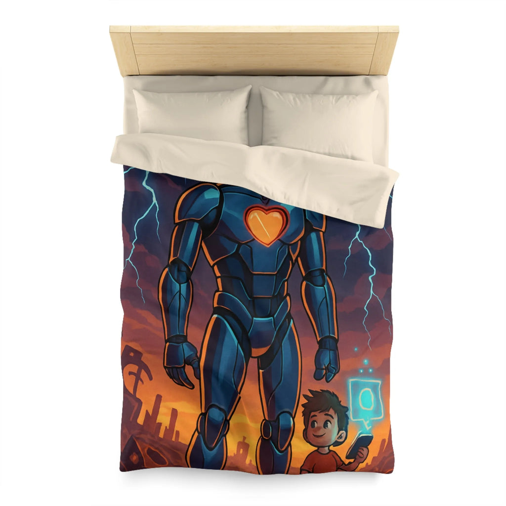 Housse de couette illustrée robot et enfant avec cœur lumineux et ciel orageux