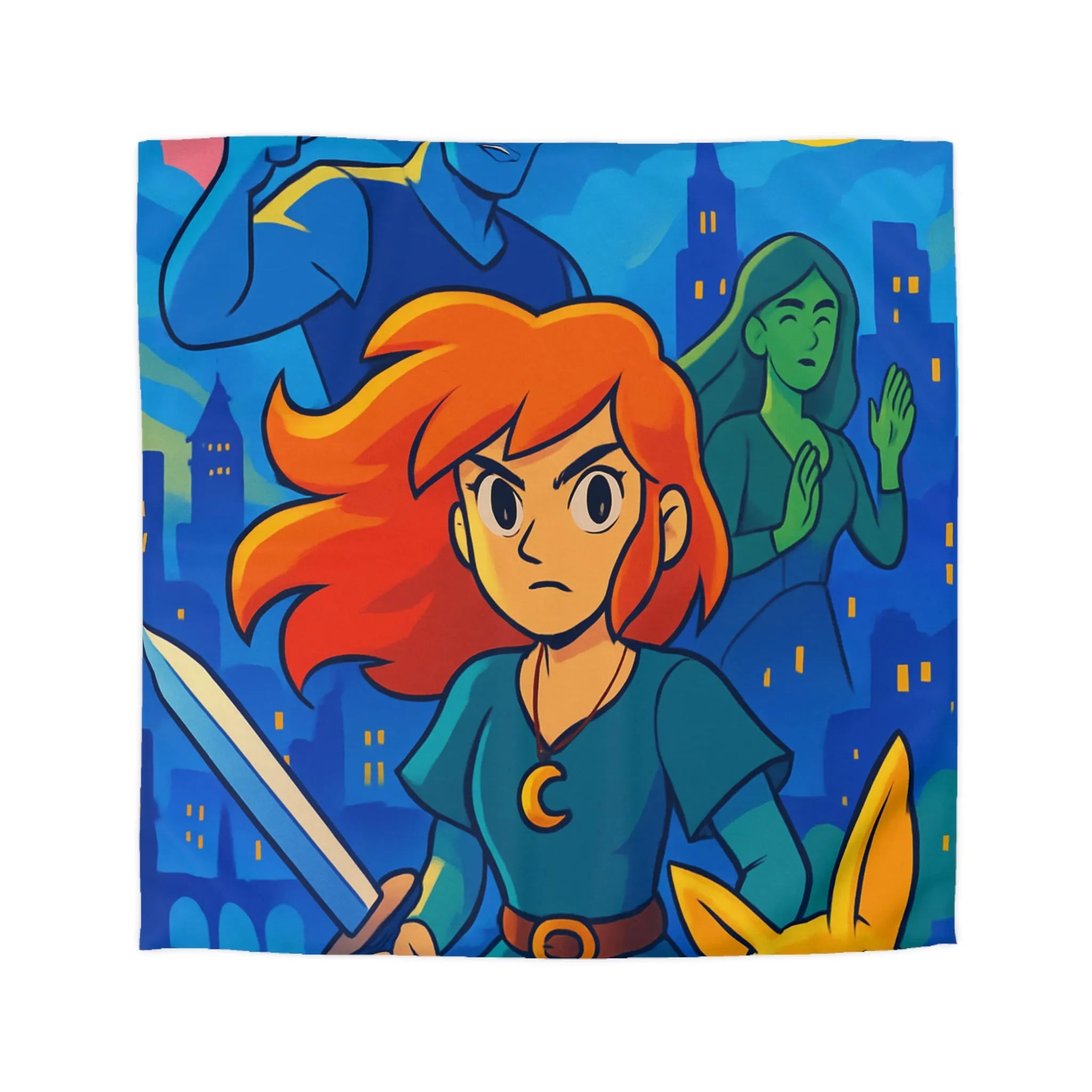 Housse de couette héroïque avec épée, ville nocturne et créatures fantastiques colorées