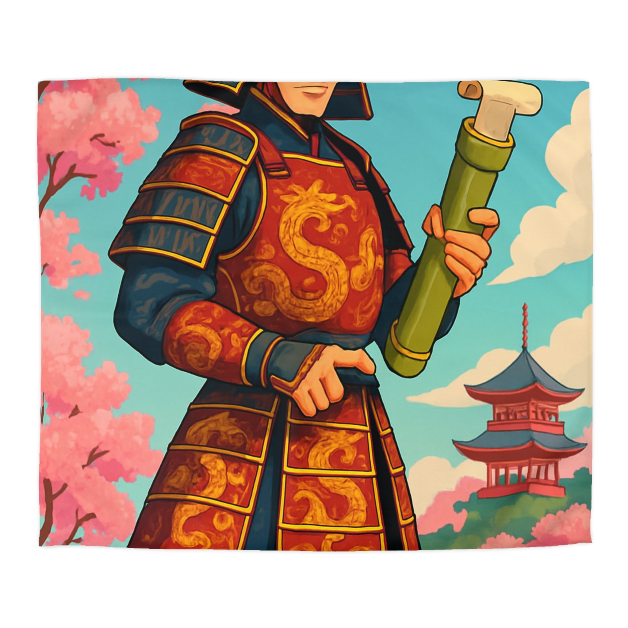 Housse de Couette Samouraï Japonais avec Armure Traditionnelle et Cerisiers en Fleurs