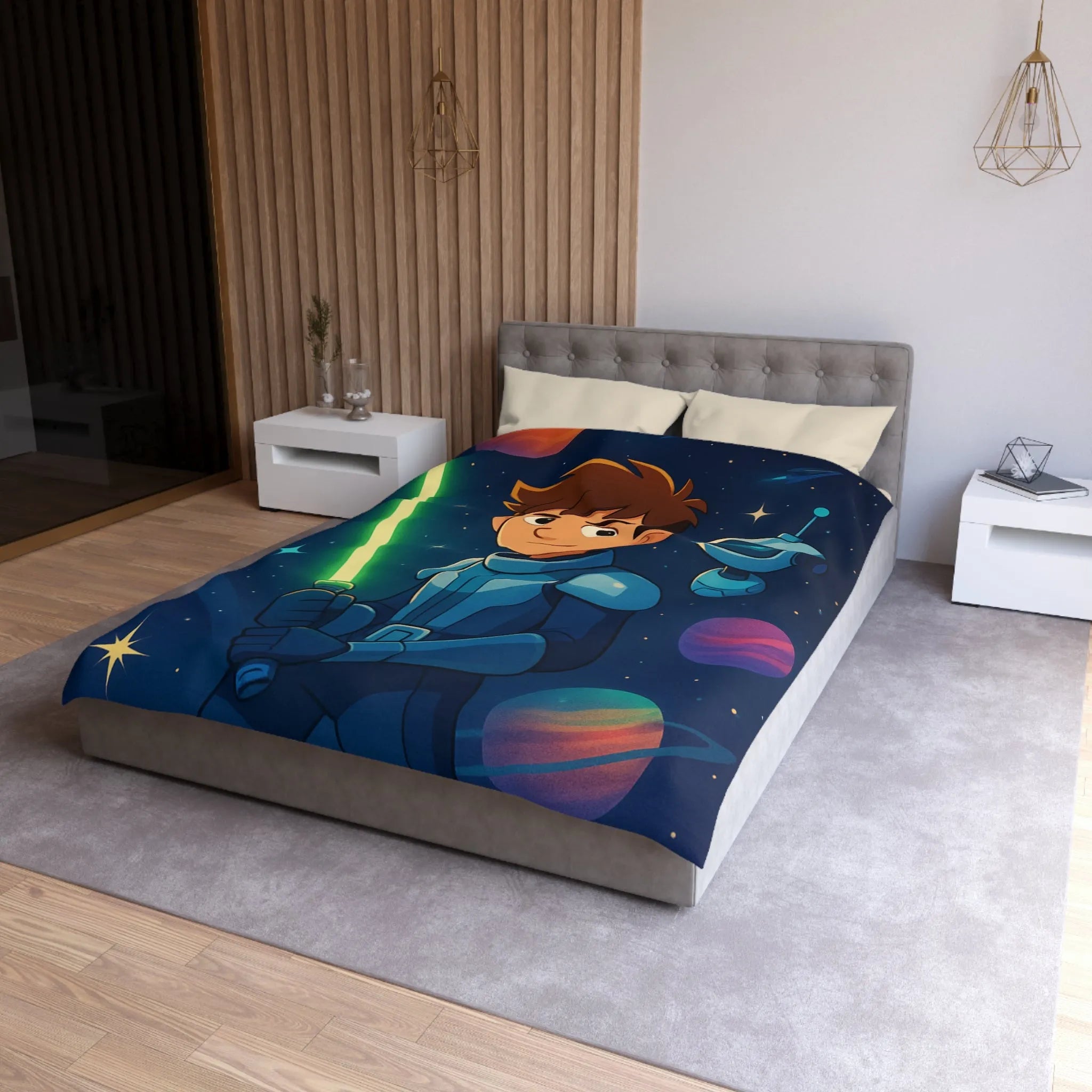 Housse de couette galactique avec enfant et robot, étoiles scintillantes et planètes colorées