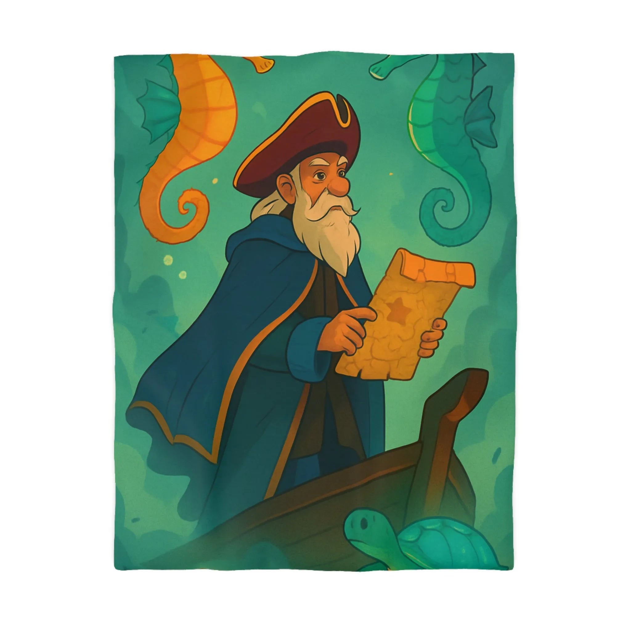 Housse de couette enfant pirate, hippocampes colorés, tortues, carte au trésor marine