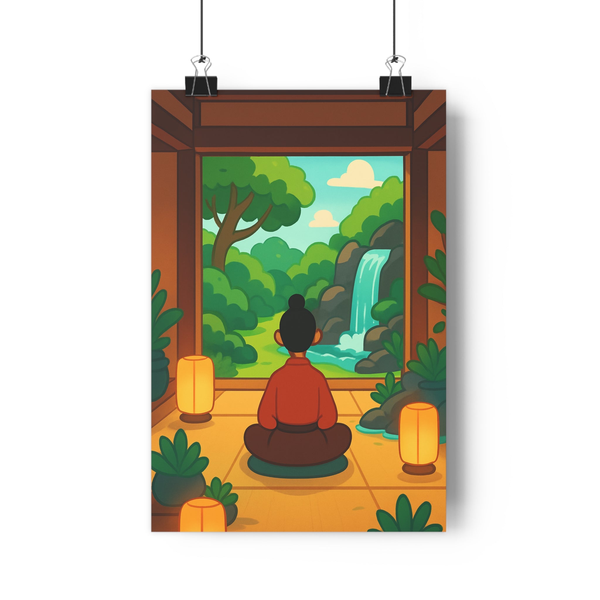 Poster décoratif méditation zen nature cascade animé paysage vert apaisant chambre salon bureau élégant