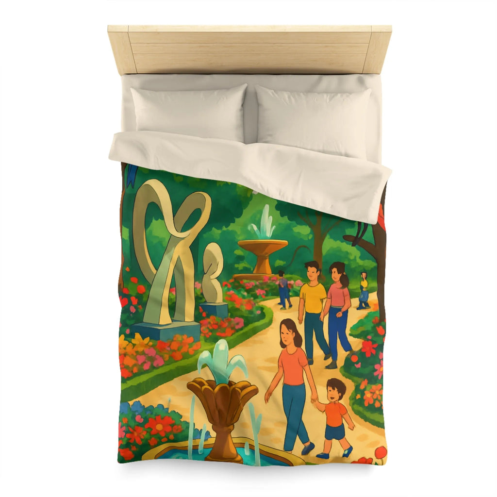 Housse de Couette Colorée Illustrant un Jardin avec Oiseaux et Familles en Promenade