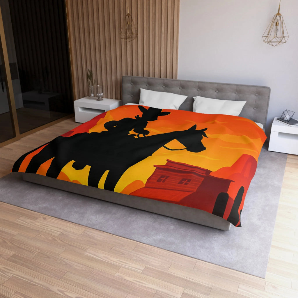 Housse de couette Far West cavalier cheval silhouette coucher de soleil scène désertique