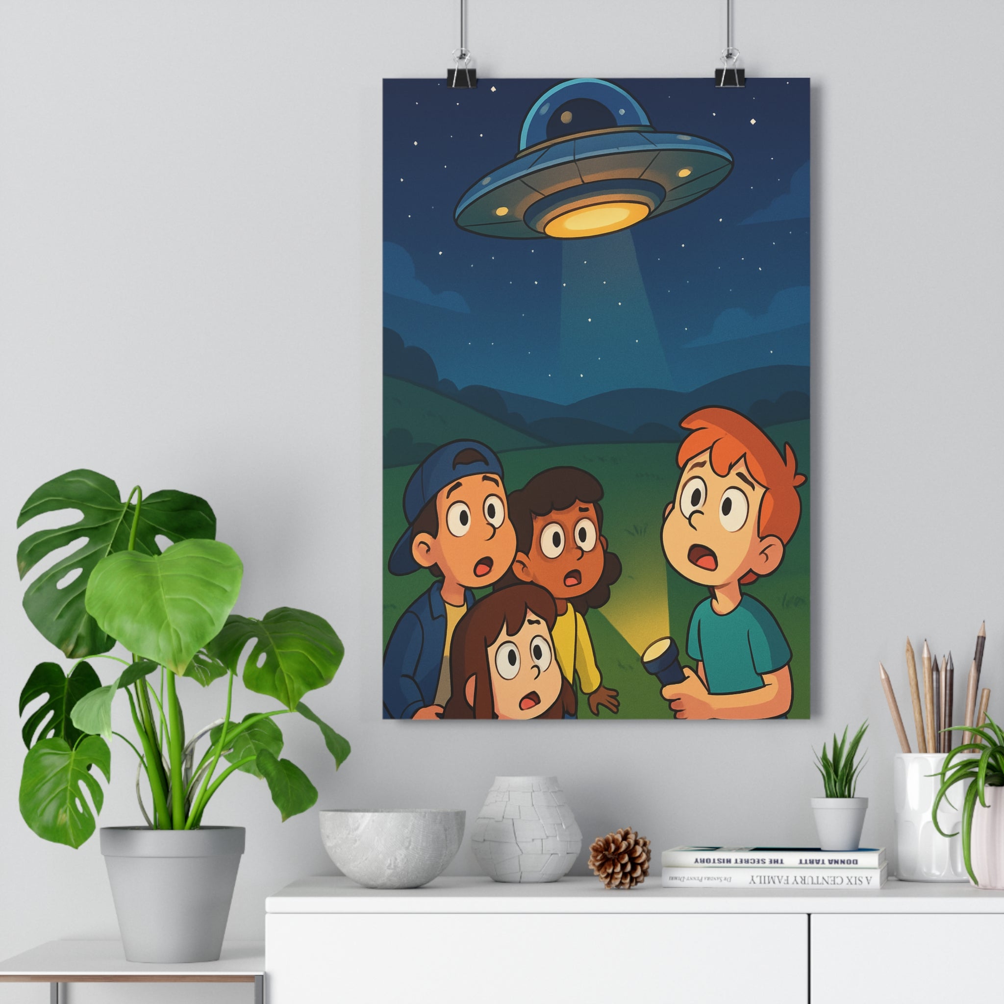 Poster décoratif extraterrestre enfants ovni rétro cartoon lumineux intrigant amusant chambre détente 30x46 cm