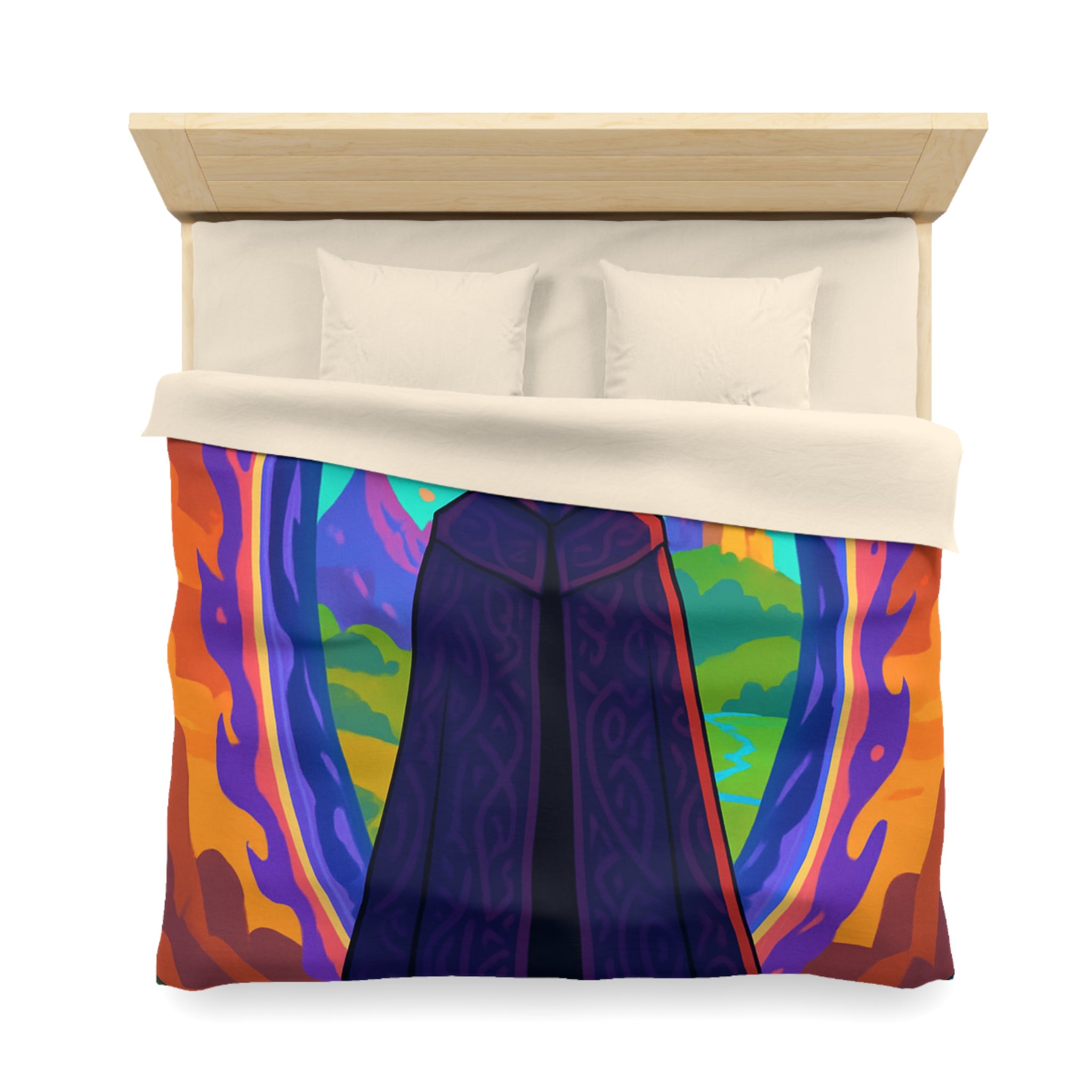 Mystérieux paysage enchanté avec mage en robe près du portail vibrant coloré