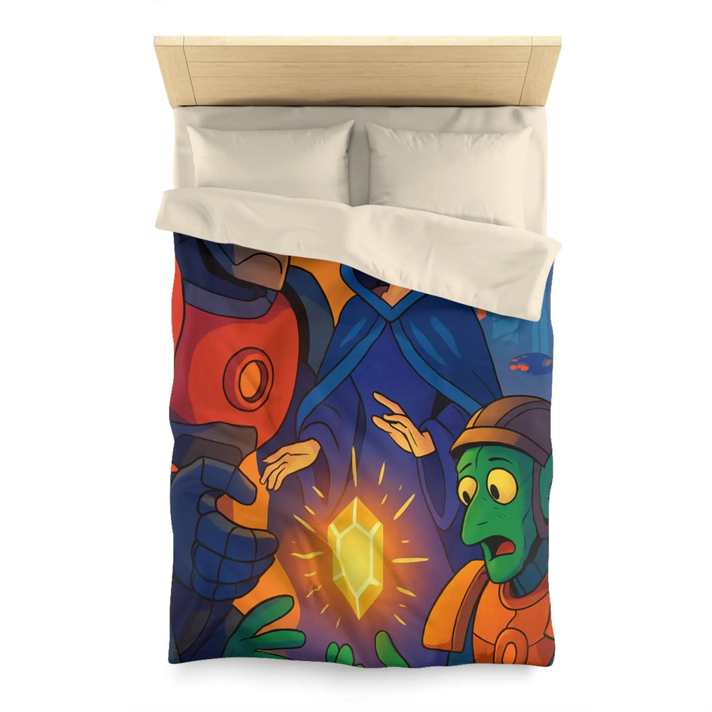 Housse de couette colorée avec illustration futuriste d'artefact mystérieux et personnages intrigants
