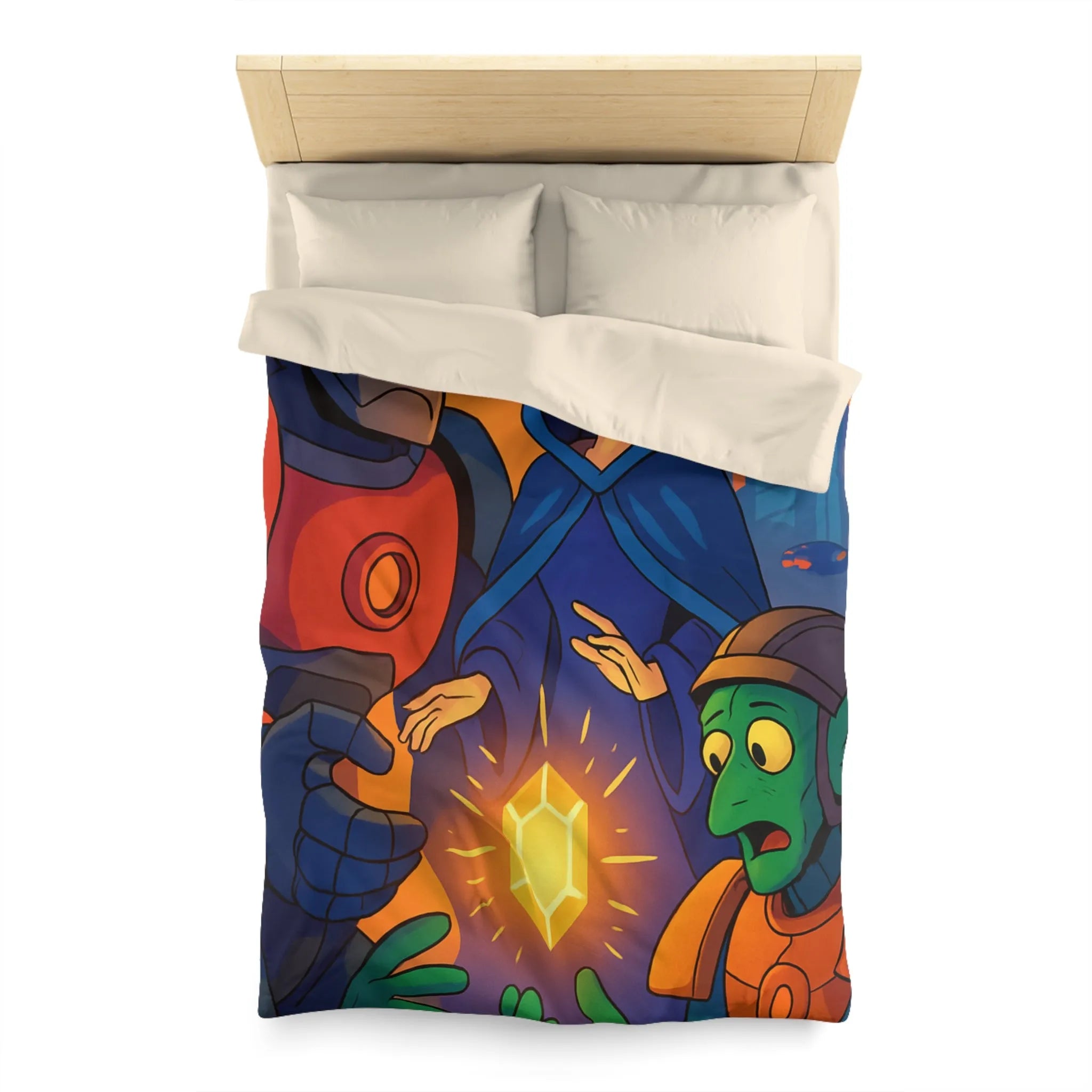 Housse de couette colorée avec illustration futuriste d'artefact mystérieux et personnages intrigants