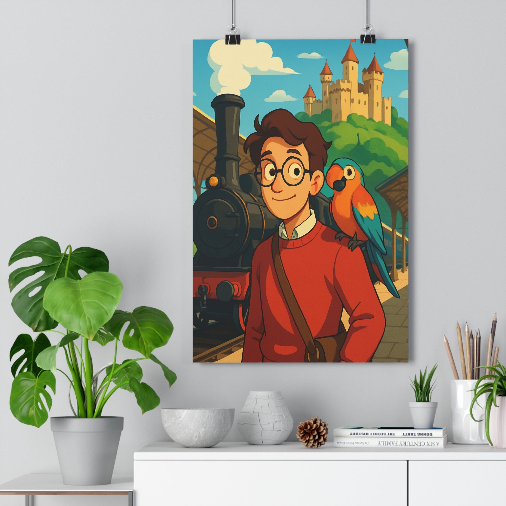 Poster décoratif cartoon jeune homme lunettes perroquet coloré gare locomotive château colline aventureux joyeux