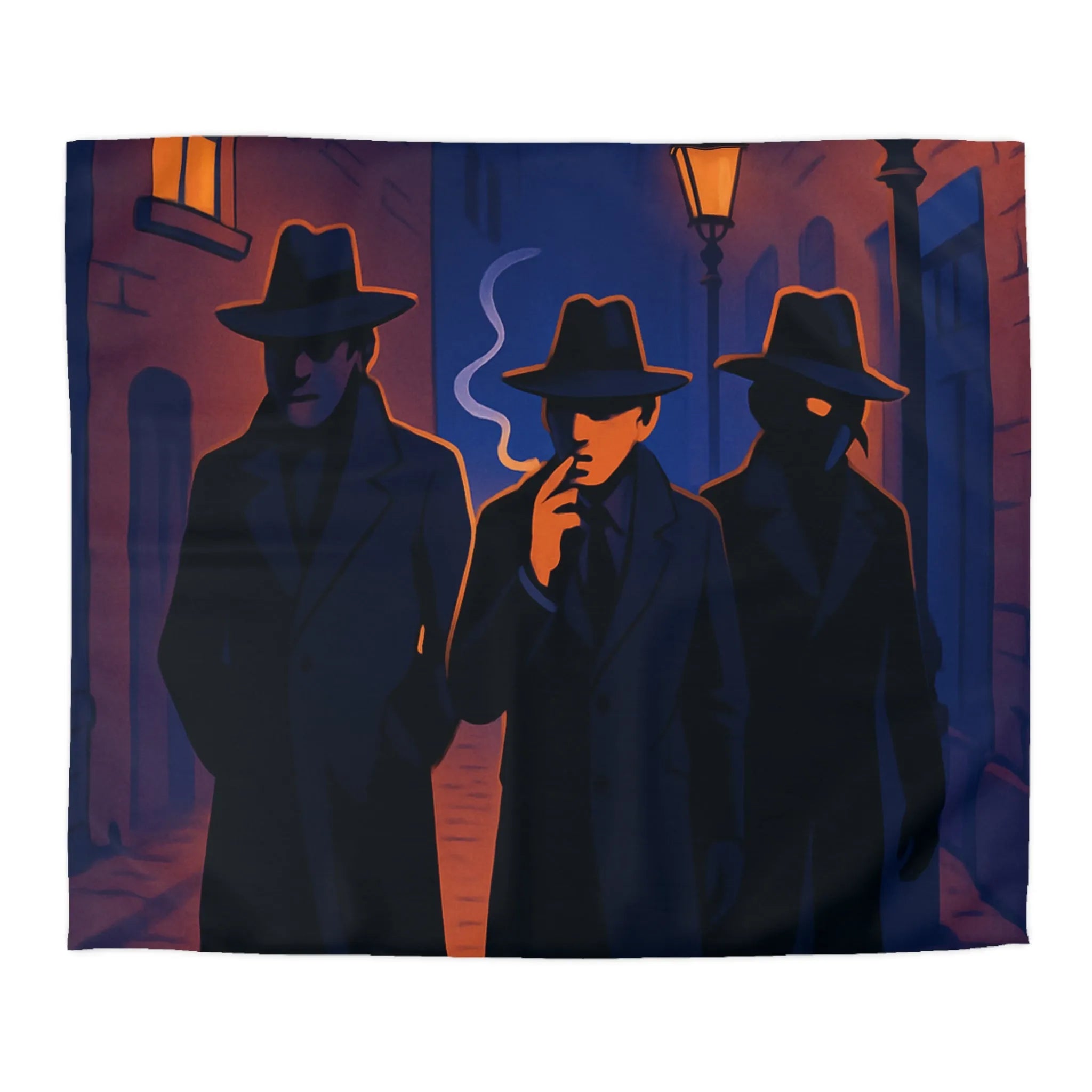Housse de couette avec scène mystérieuse de détectives en ruelle éclairée par réverbères