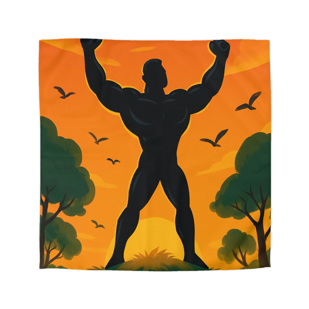 Housse de couette silhouette héros sur colline, coucher de soleil et oiseaux volants