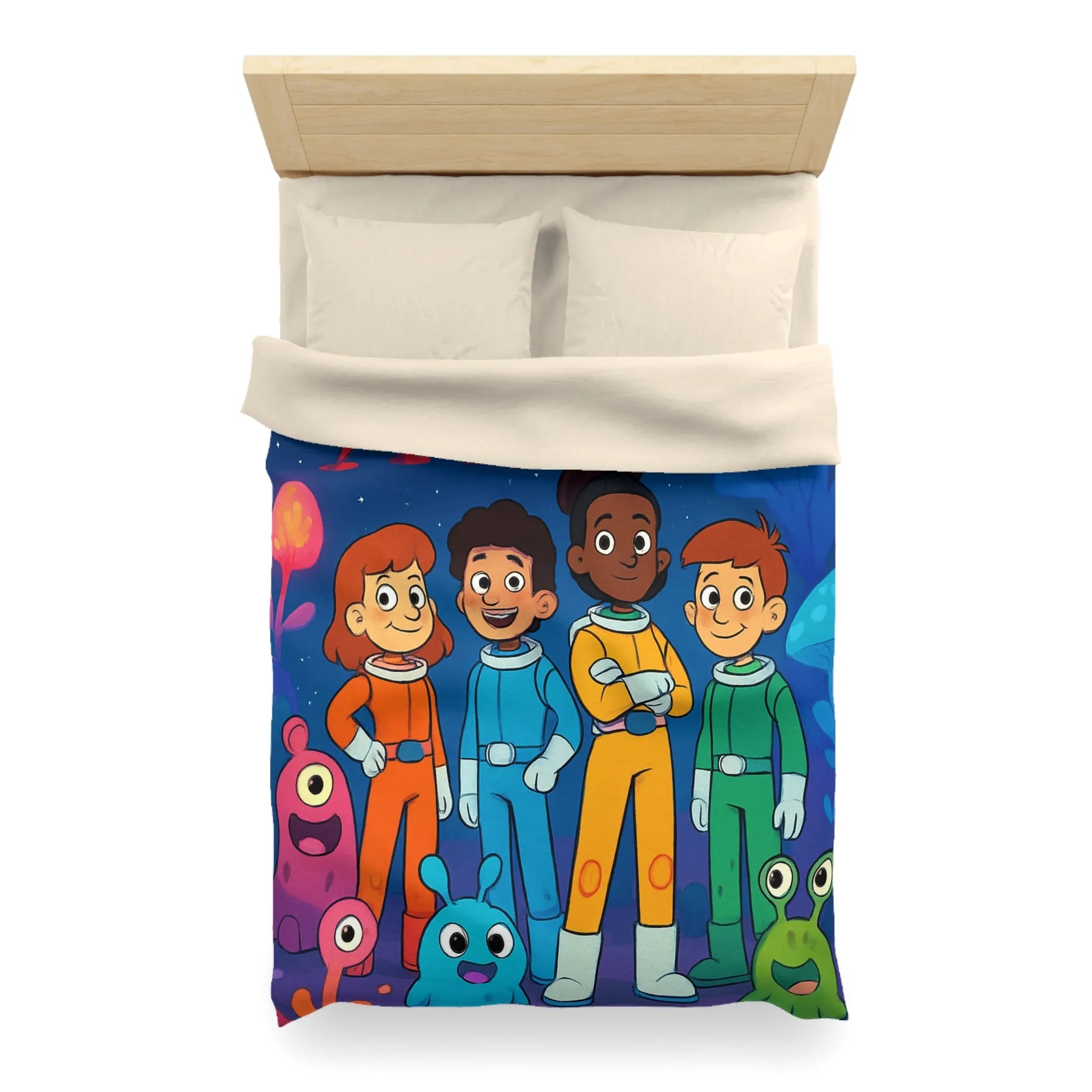 Housse de couette enfant astronaute avec planète, fusée et créatures extraterrestres colorées