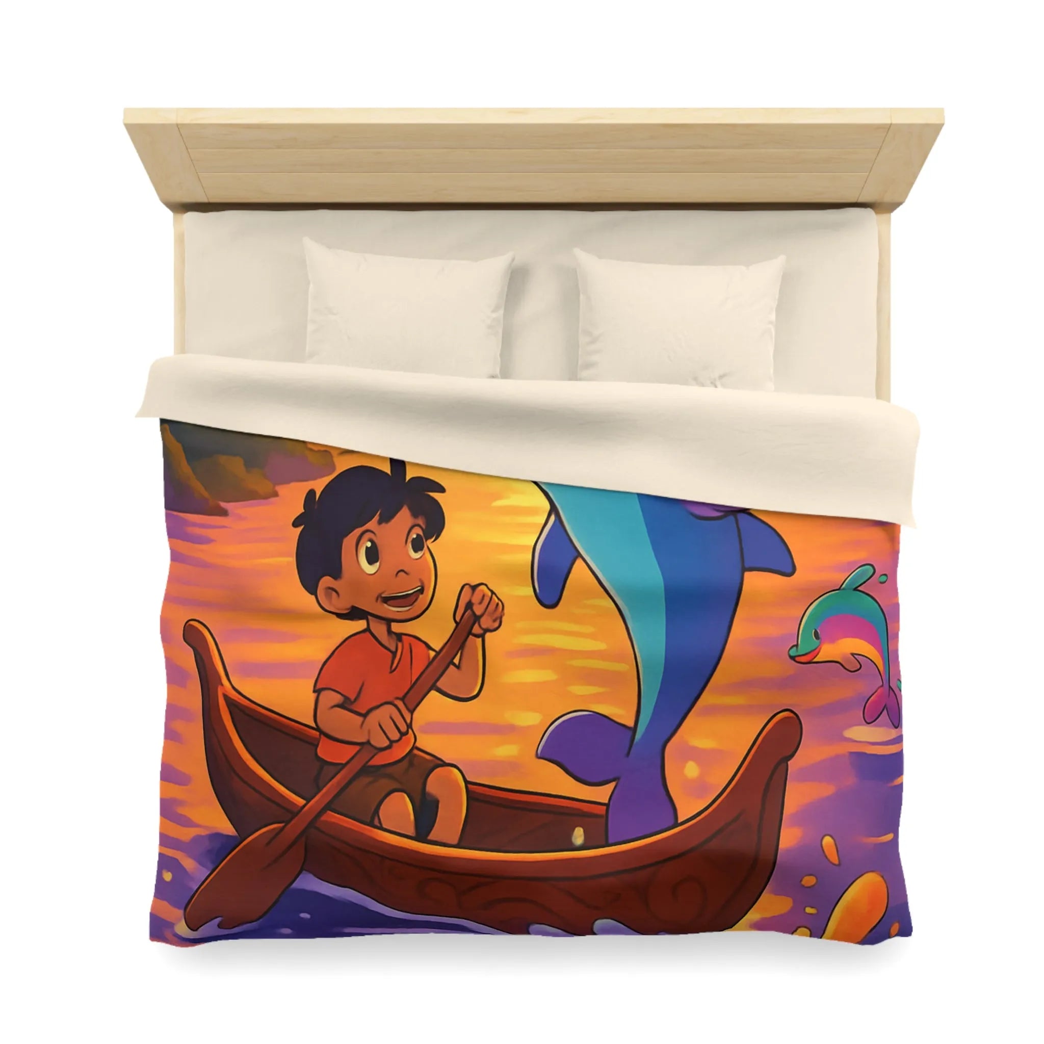 Housse de Couette Enfant : Dauphin Bleu, Aventure en Barque, Coucher de Soleil