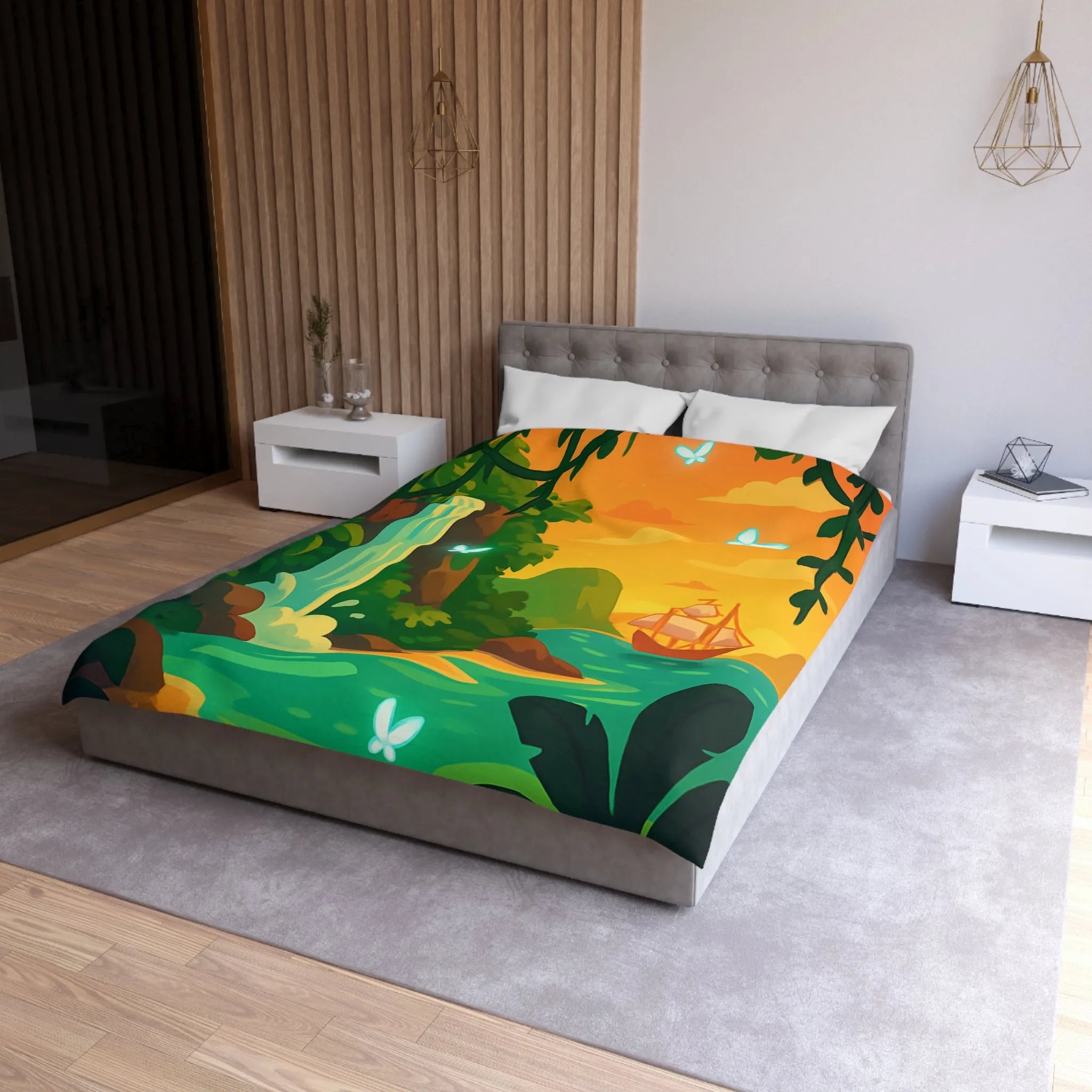 Housse de couette exotique avec cascade, papillons lumineux et bateau au coucher du soleil