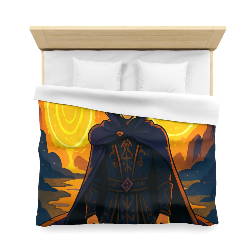 Housse de couette fantastique avec sorcier et portails lumineux dans paysage nocturne magique