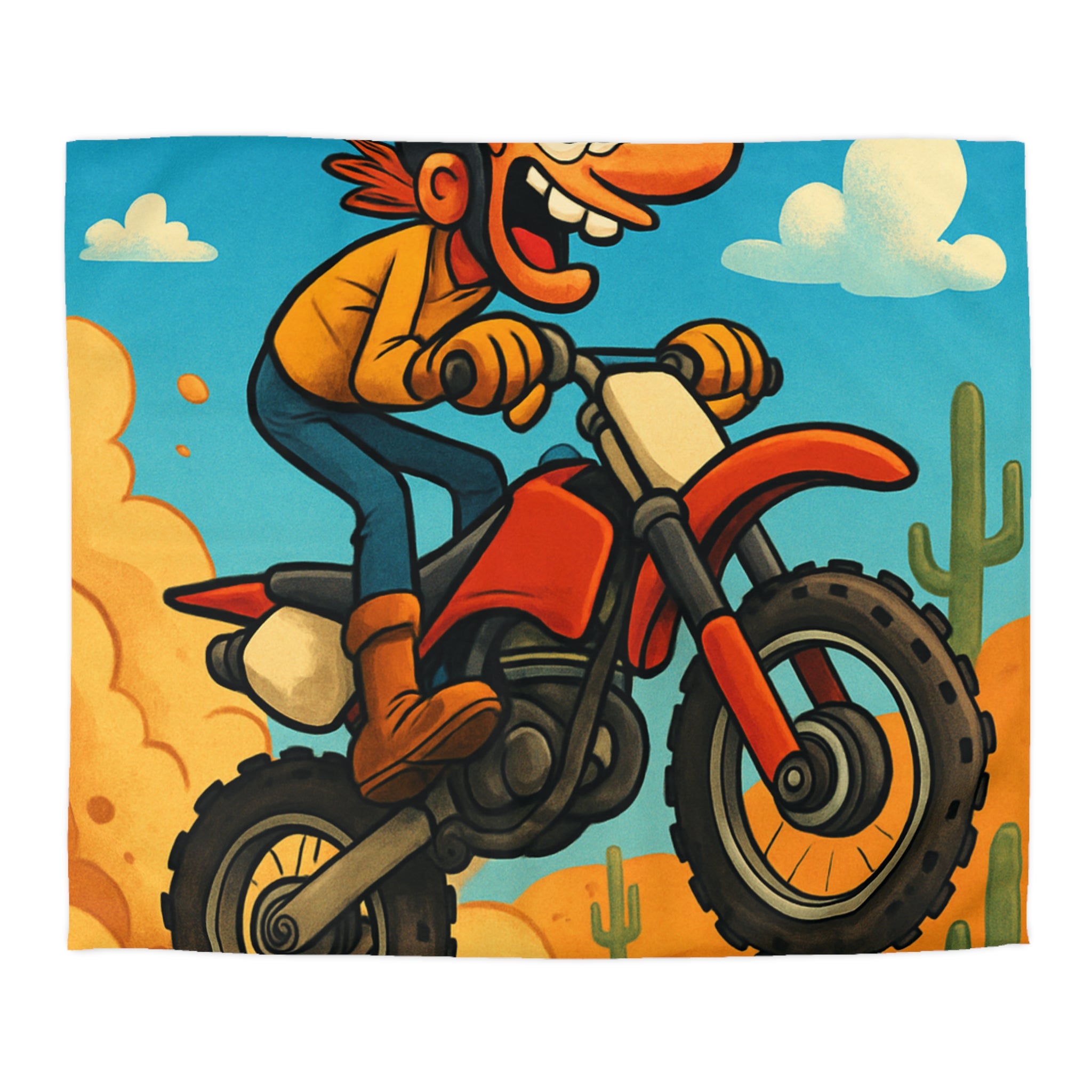 Motard animé sur motocross sautant à travers désert coloré avec cactus et nuages