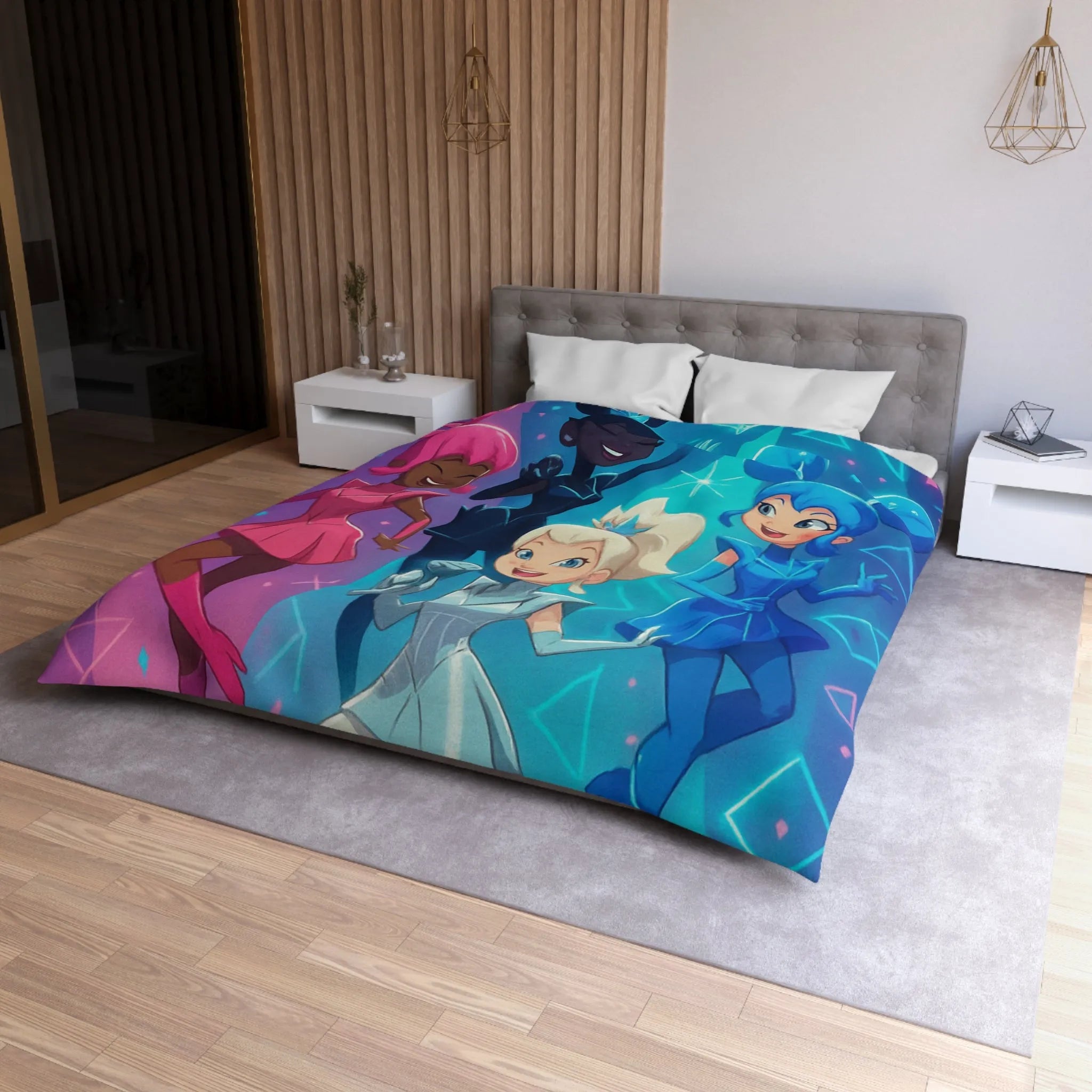 Housse de couette colorée avec personnages chantants et motifs géométriques lumineux