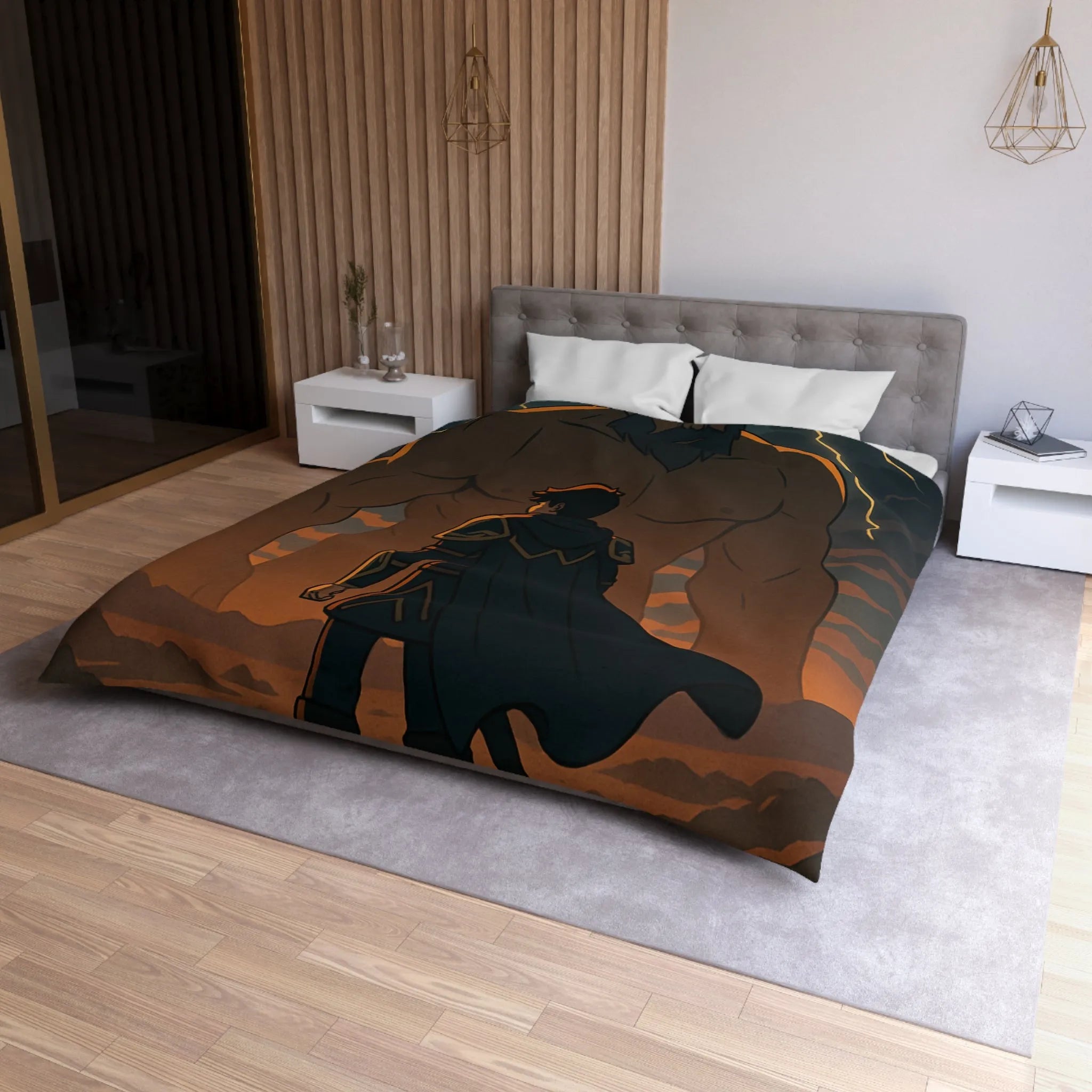 Housse de couette épique avec guerrier et géant sous orage électrique dramatique