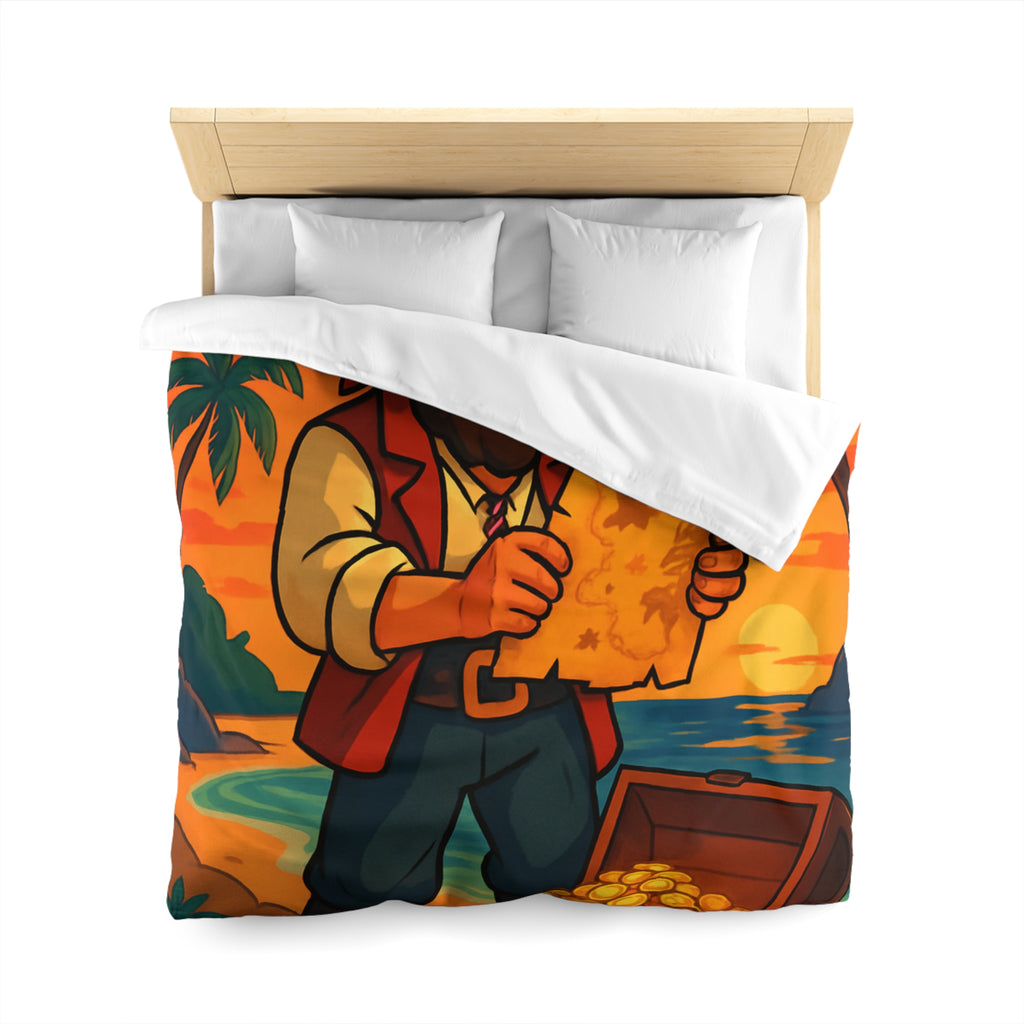 Housse de couette pirate avec coffre au trésor, carte ancienne et palmiers tropicaux