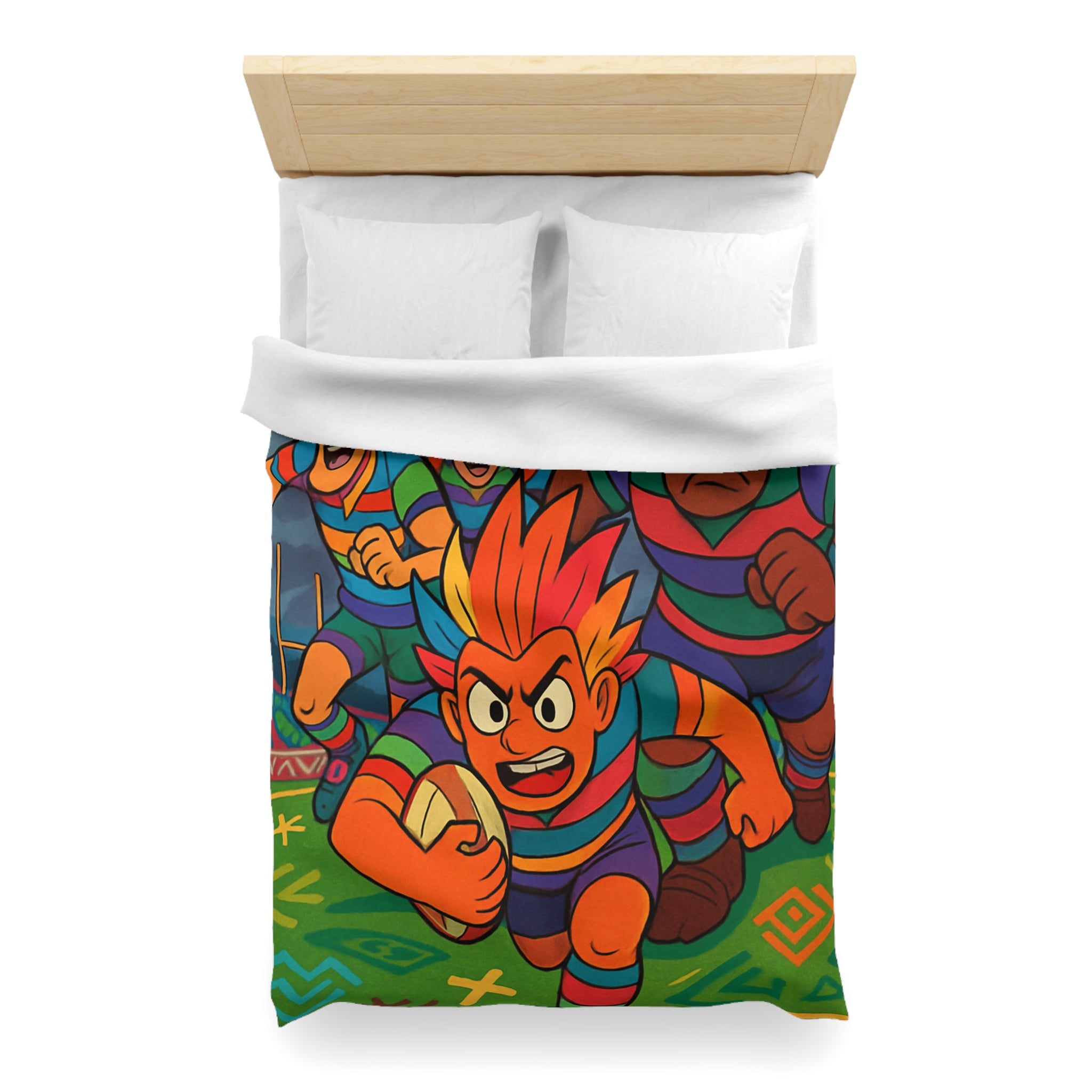 Parure de lit colorée avec joueurs de rugby en style bande dessinée pour enfant