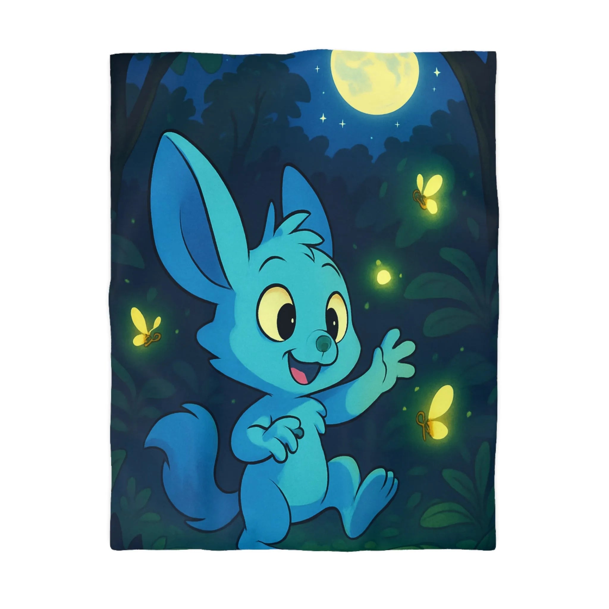 Housse de couette enfantine décorée avec lapin bleu et lucioles sous lune brillante