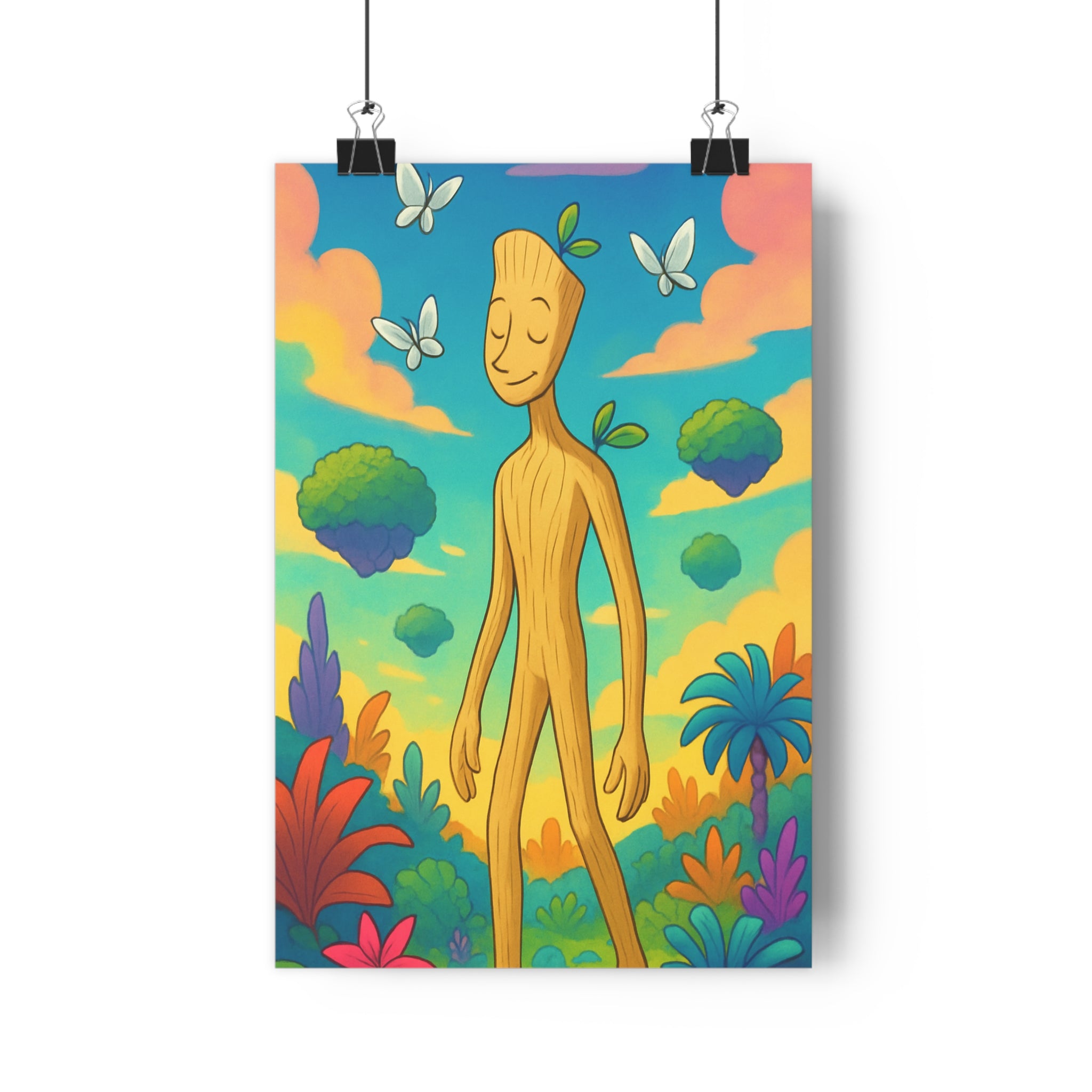 Poster décoratif cartoon bleu orange vert jardin fantastique magique papillons chambre salon serein vibrant