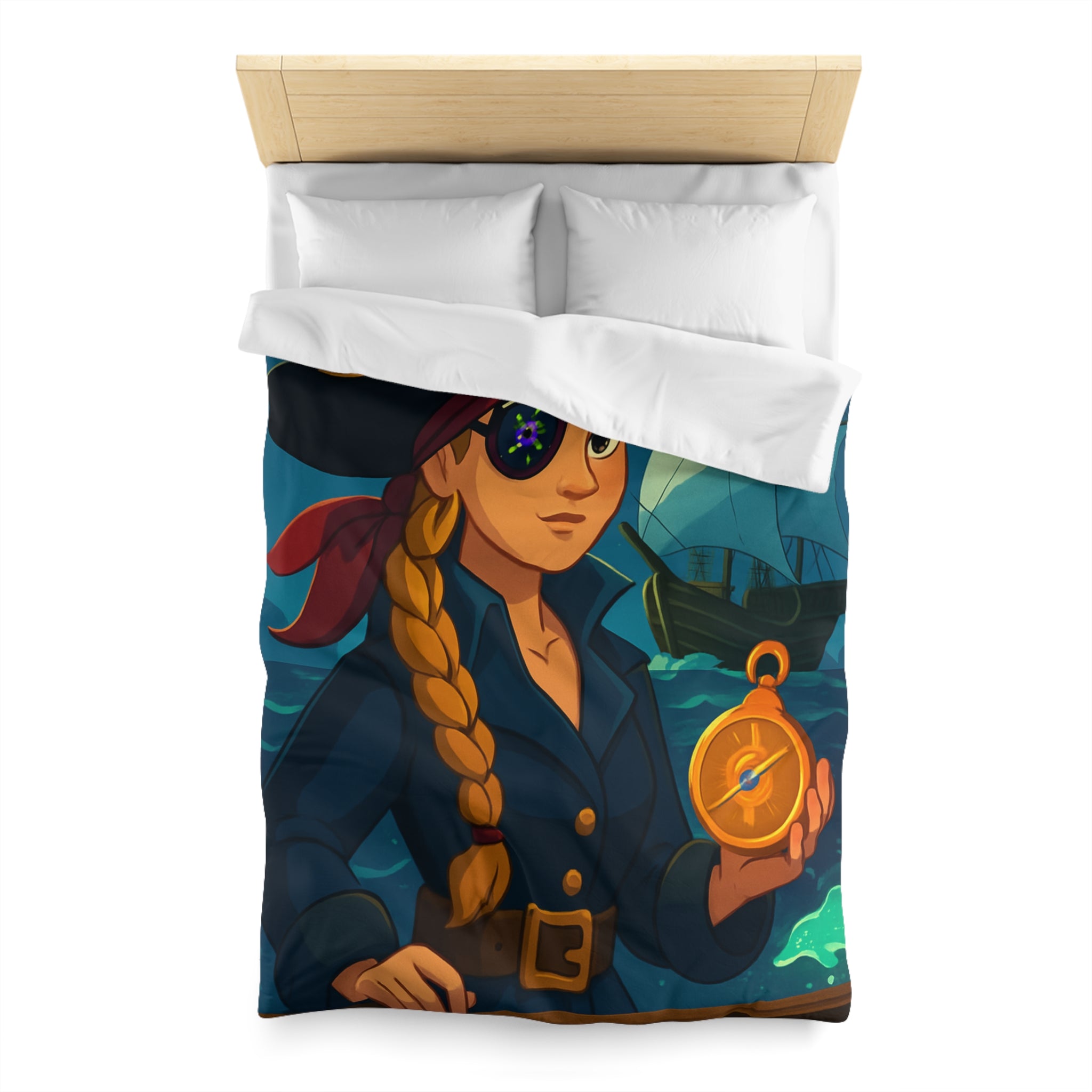 Housse de couette pirate colorée avec femme audacieuse, boussole et bateau illuminé