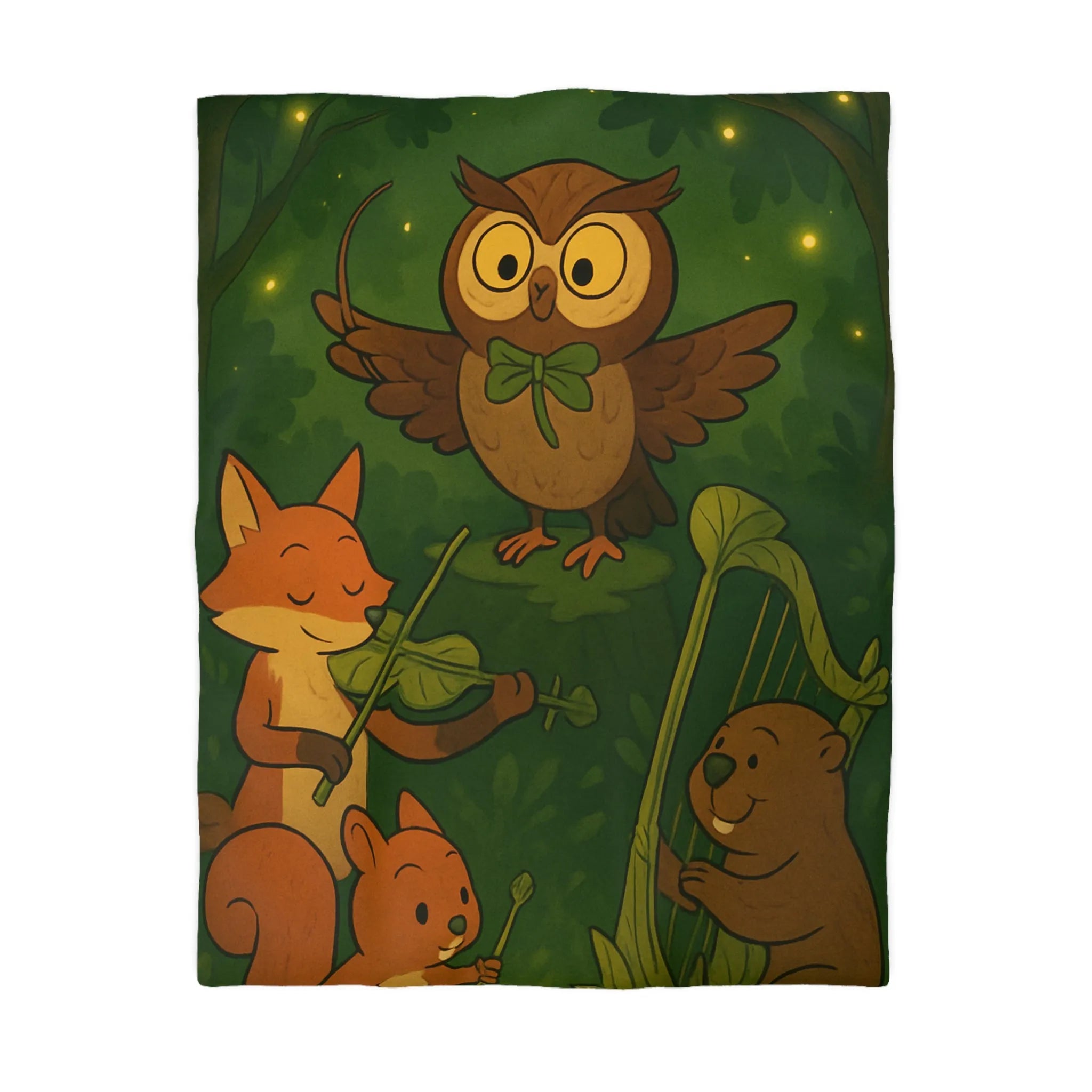 Housse de Couette Douce Forêt Animaux Musiciens Nuit Magique Enfants Nature Verte