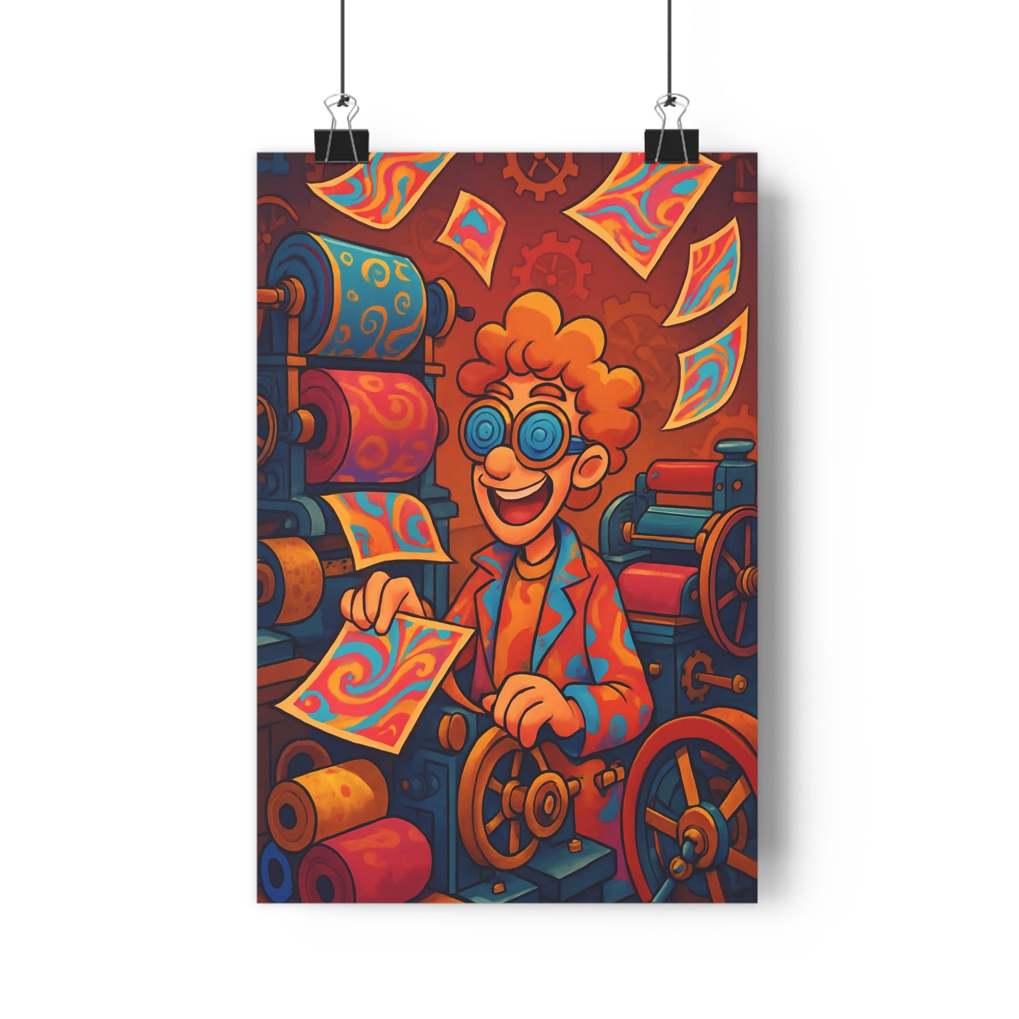 Poster décoratif steampunk cartoon joyeux orange bleu rose salon bureau créatif vibrant coloré unique