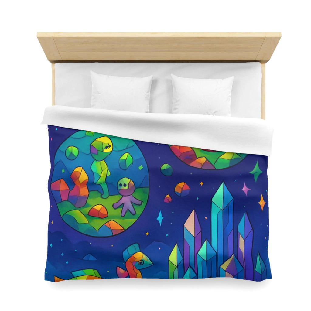 Housse de couette colorée avec paysages extraterrestres, créatures mignonnes et cristaux célestes