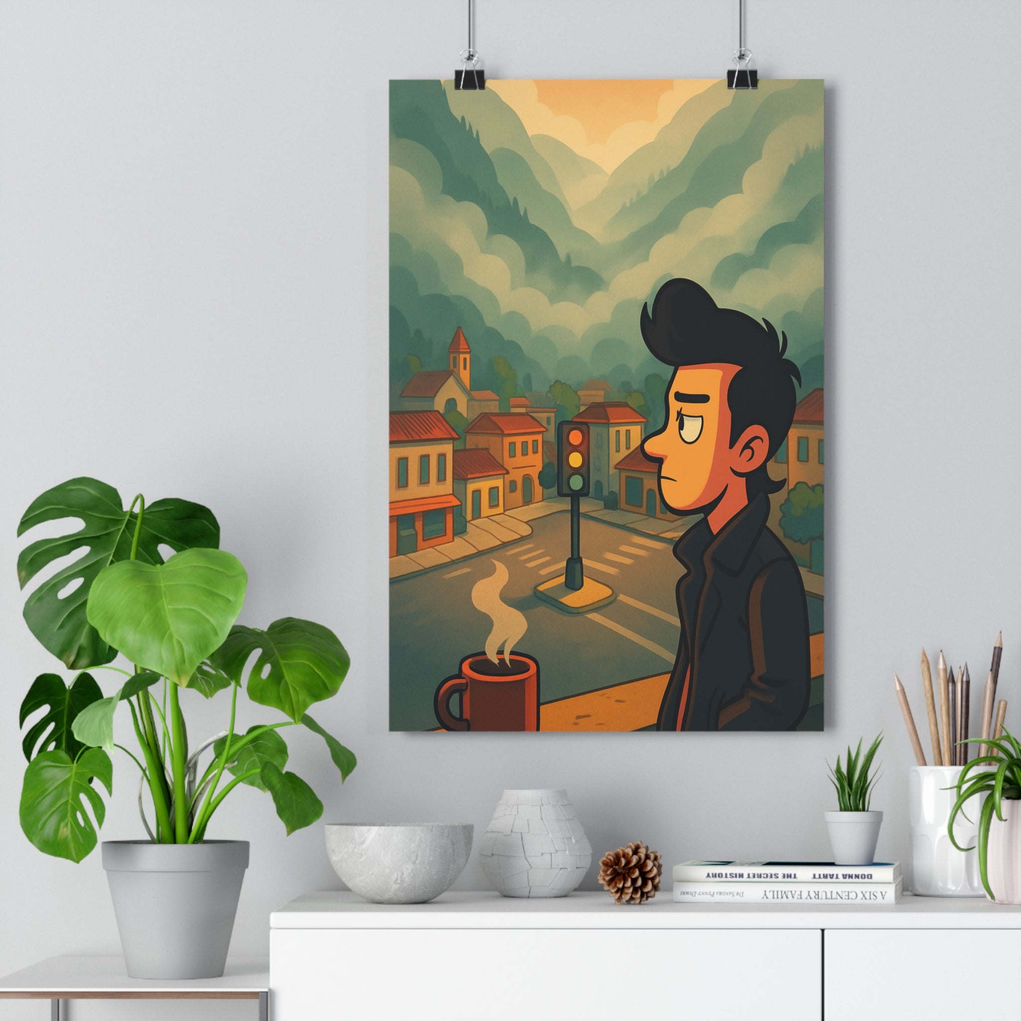 Poster décoratif animé rouge brume mystérieuse salon bureau ambiance intrigante format 30x46 atmosphère élégante