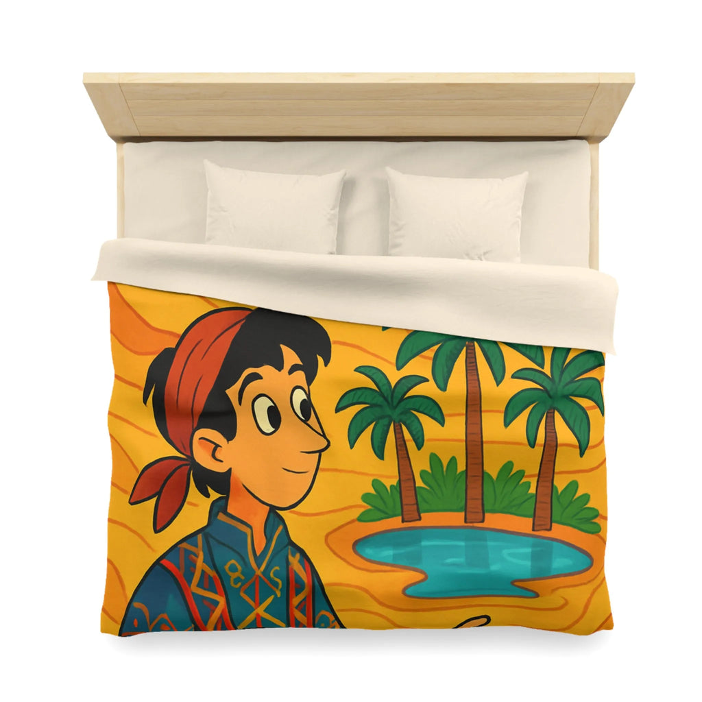 Housse de couette magique avec tapis volants et oasis sous ciel bleu désertique