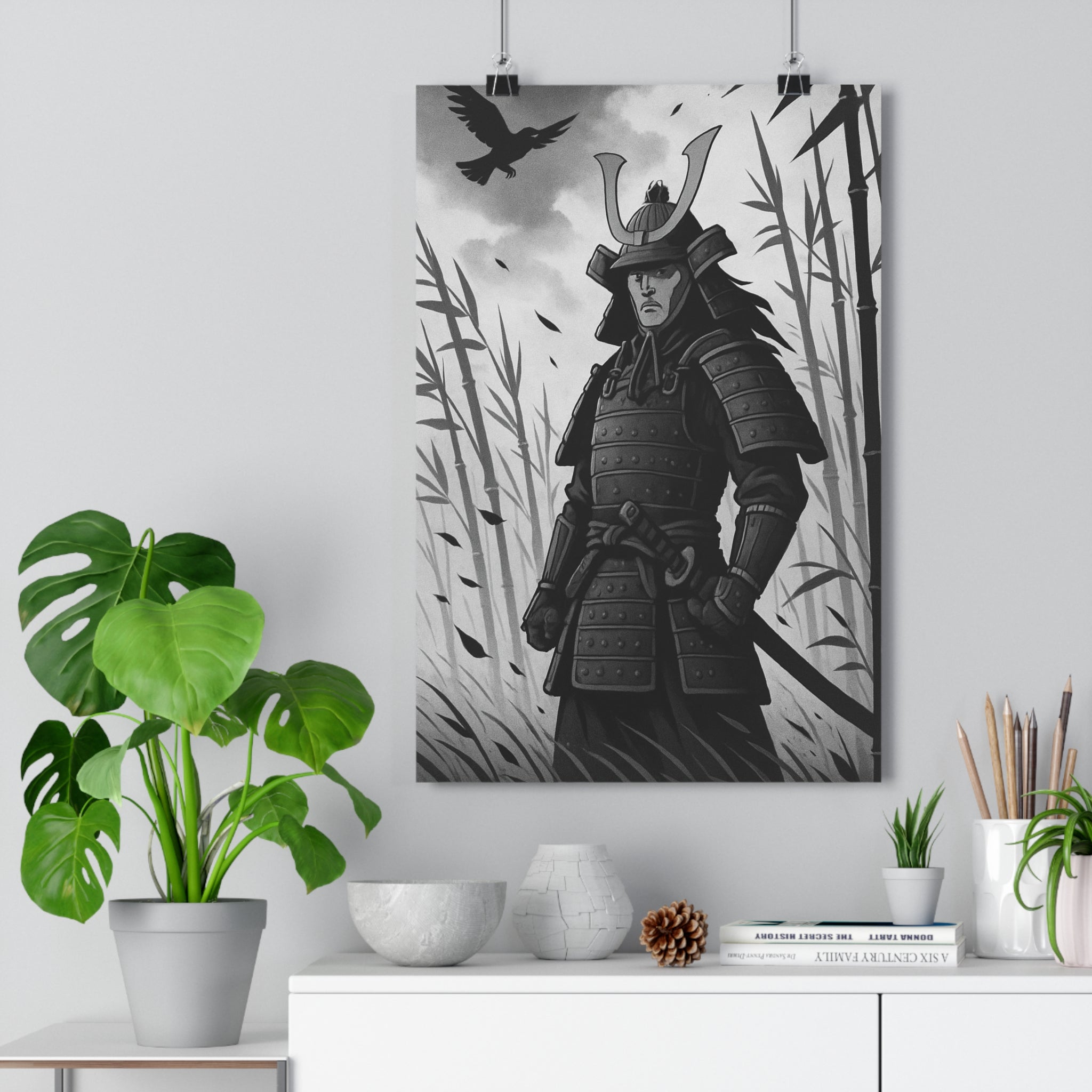 Poster décoratif noir blanc samouraï japonais mystique bureau salon style dessin animé zen qualité