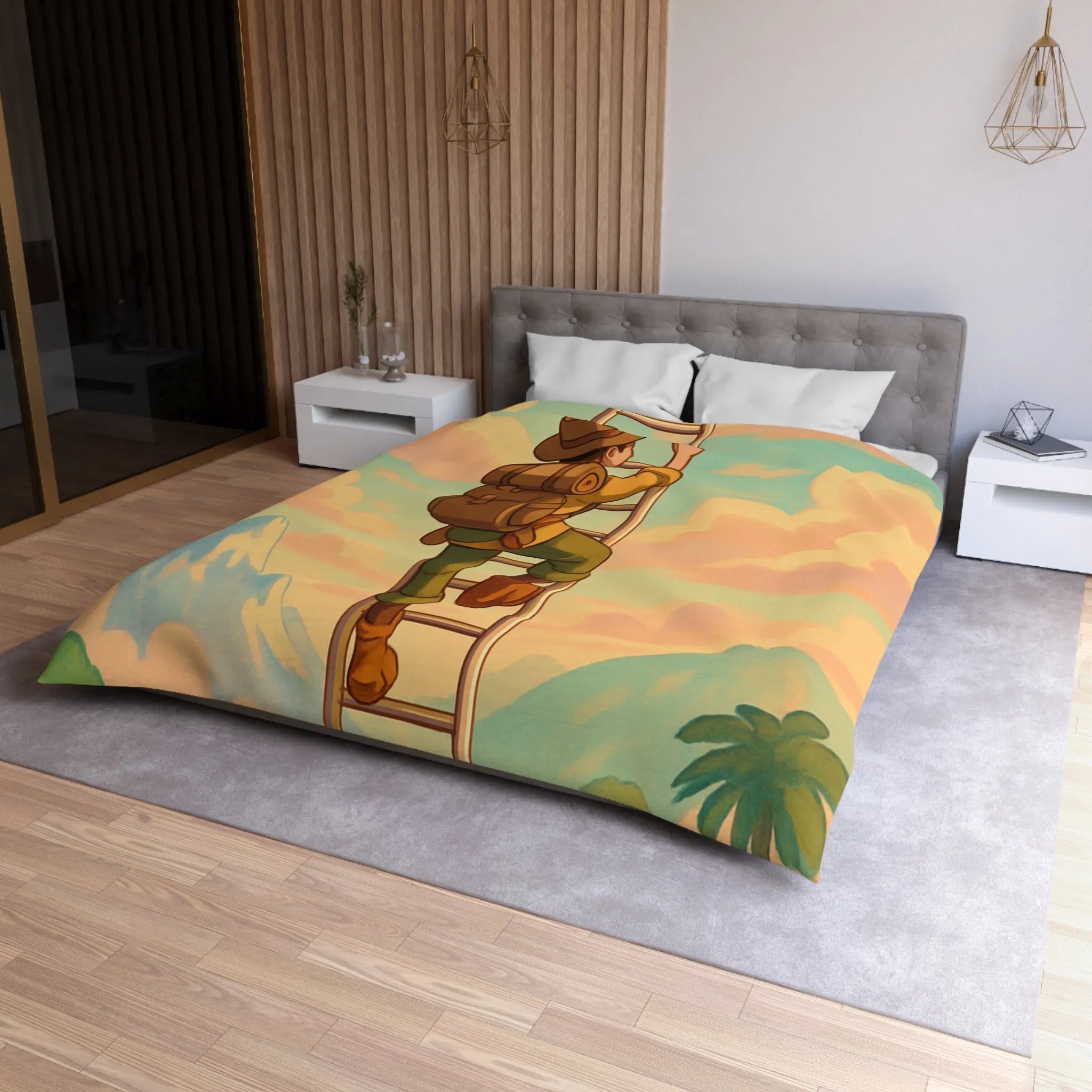 Housse de couette avec aventurier grimpant échelle vers ciel pastel et montagnes lointaines