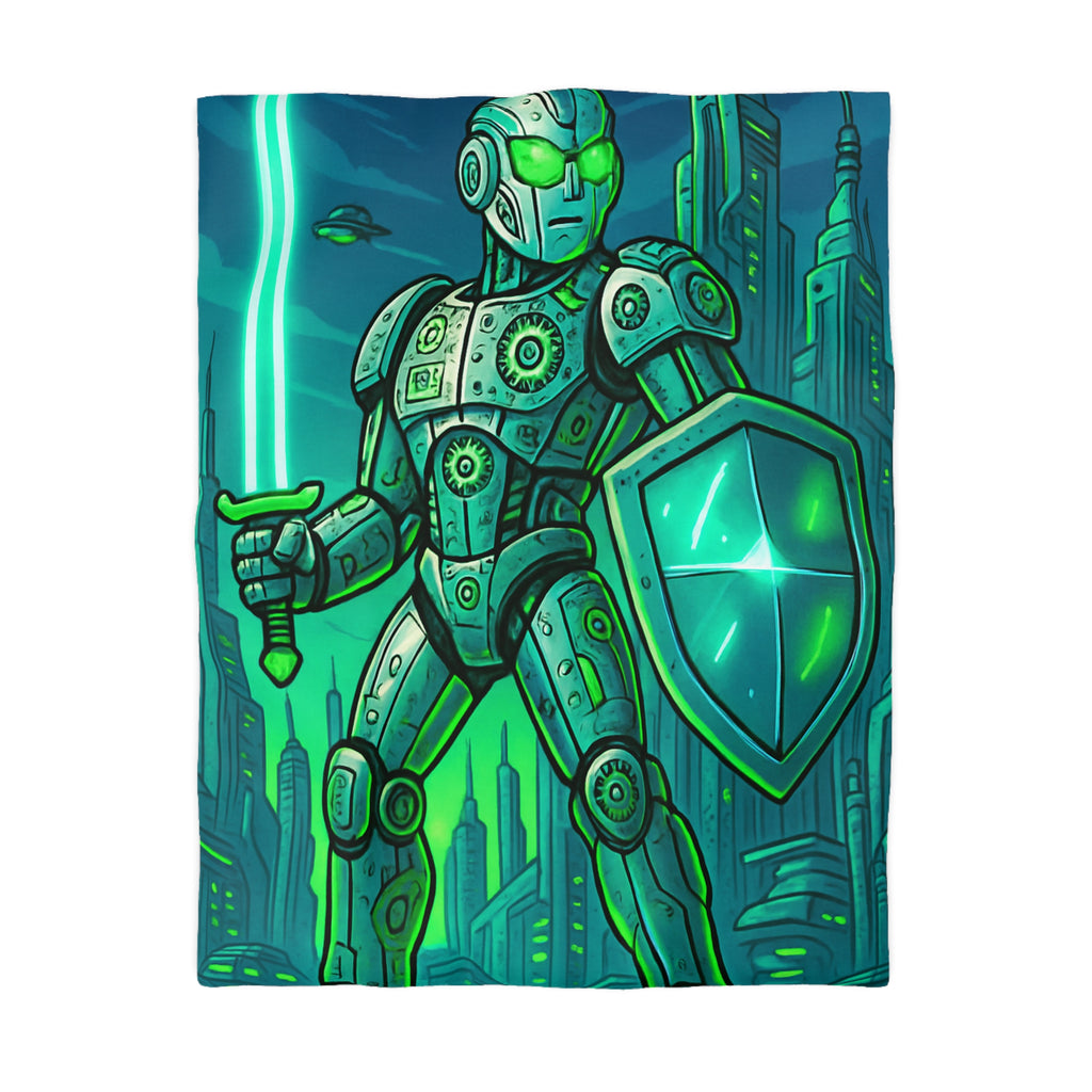 Housse de couette robot futuriste avec épée lumineuse et ville high-tech