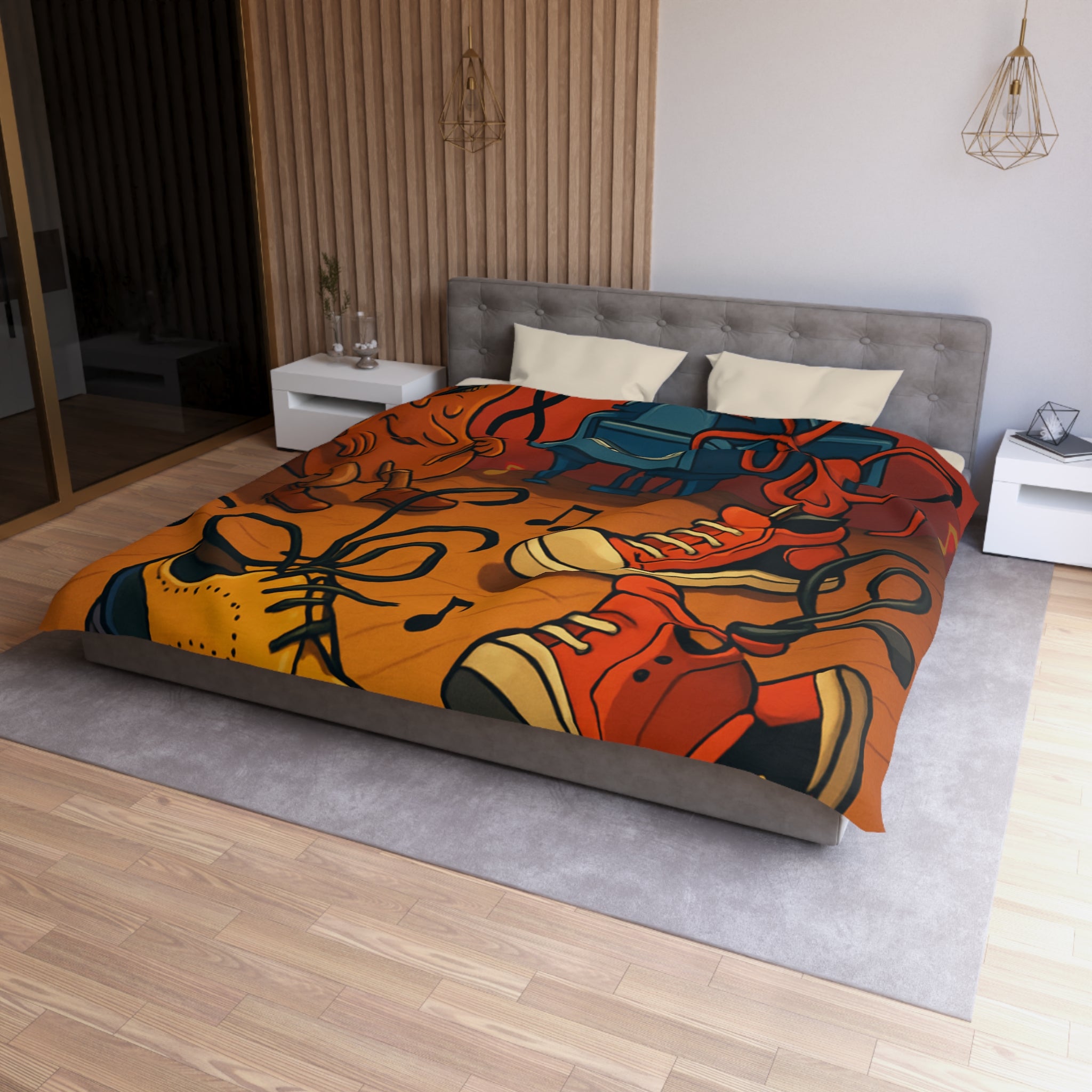 Housse de couette originale et colorée avec des instruments et chaussures dansantes dessin animé