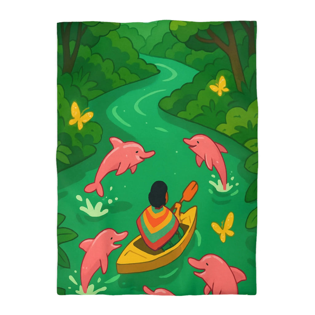 Housse de couette colorée avec dauphins roses et canoë dans une forêt tropicale