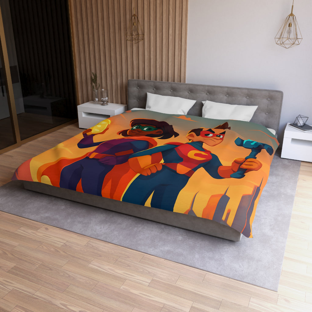 Super-héros Enfantins avec Drones dans Paysage Urbain Coloré Crépusculaire Illustré