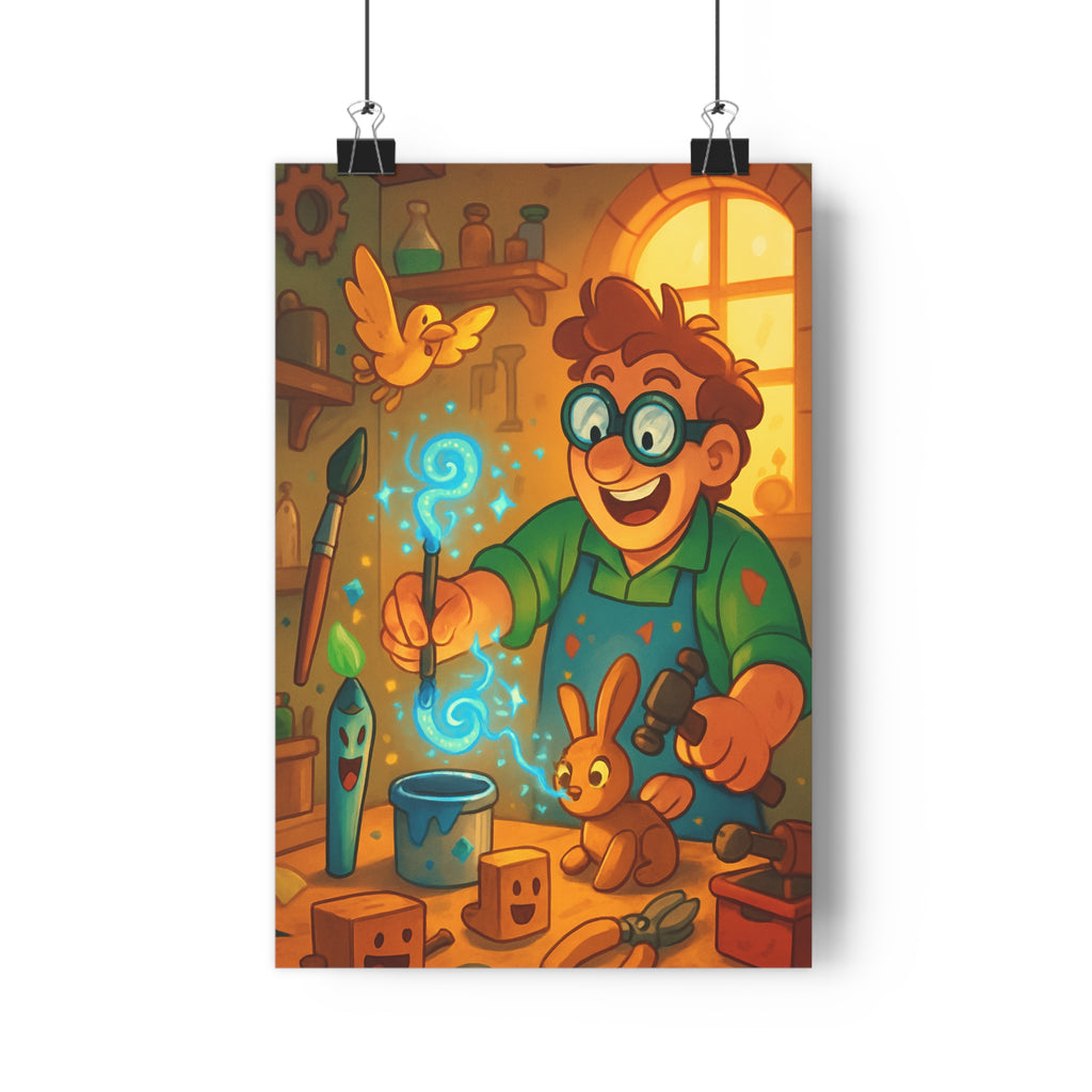 Poster décoratif cartoon joyeux jaune rouge enfant chambre créatif atelier magique bois lunettes ambiance