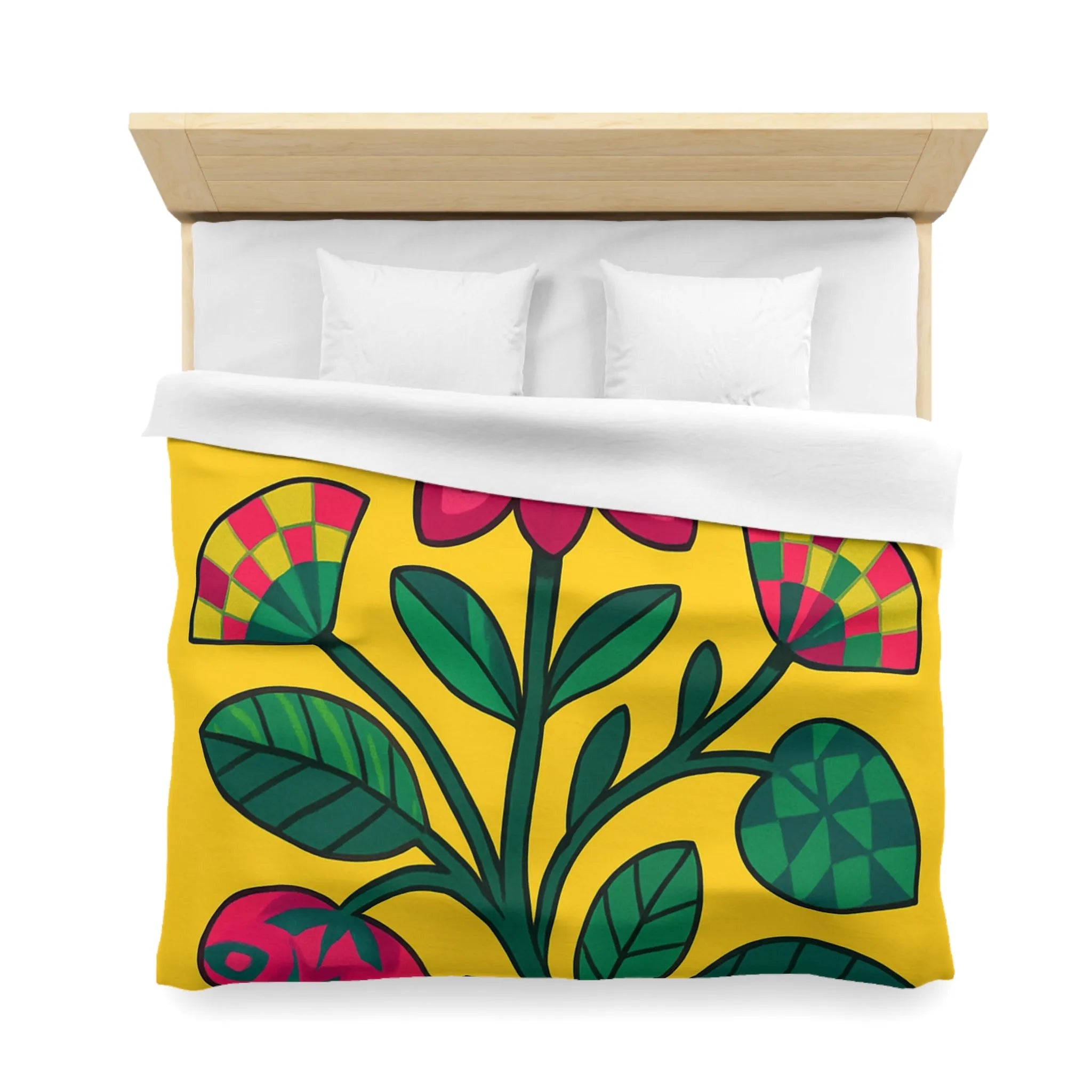 Housse de couette florale vibrante avec grandes fleurs rouges et feuilles vertes sur fond jaune