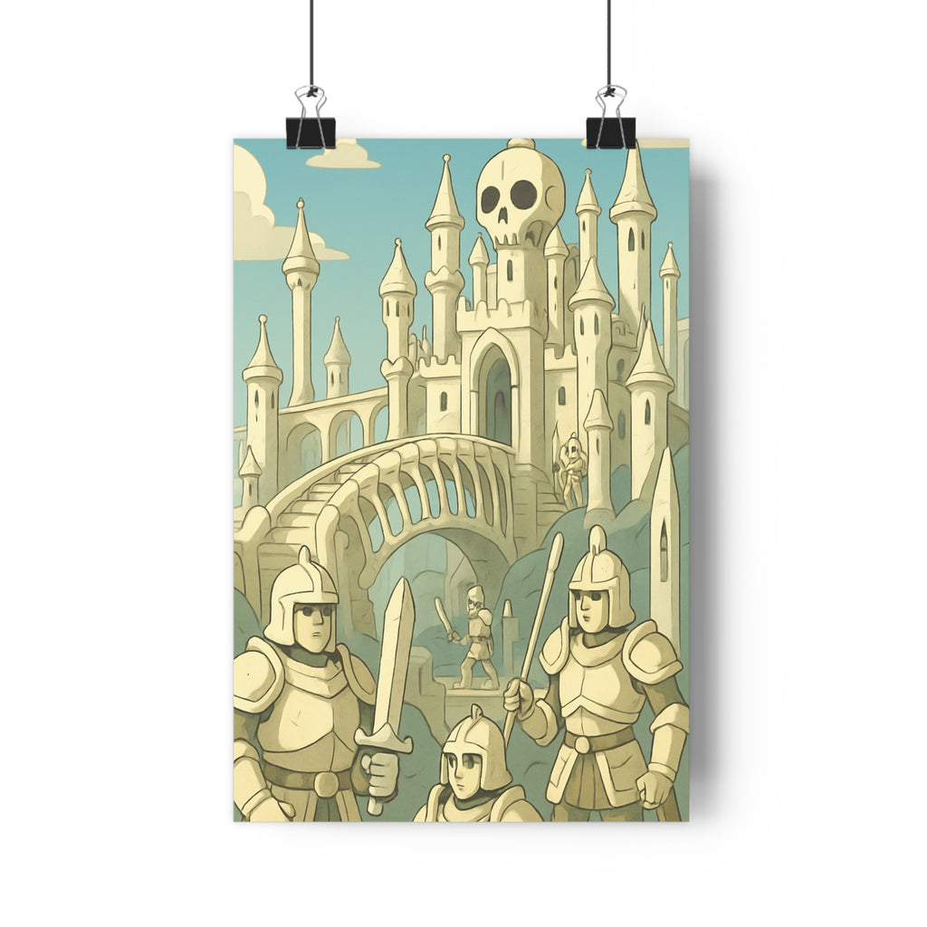 Poster décoratif médiéval château crâne chevaliers beige bleu mystique aventure chambre enfant 30x46 cm